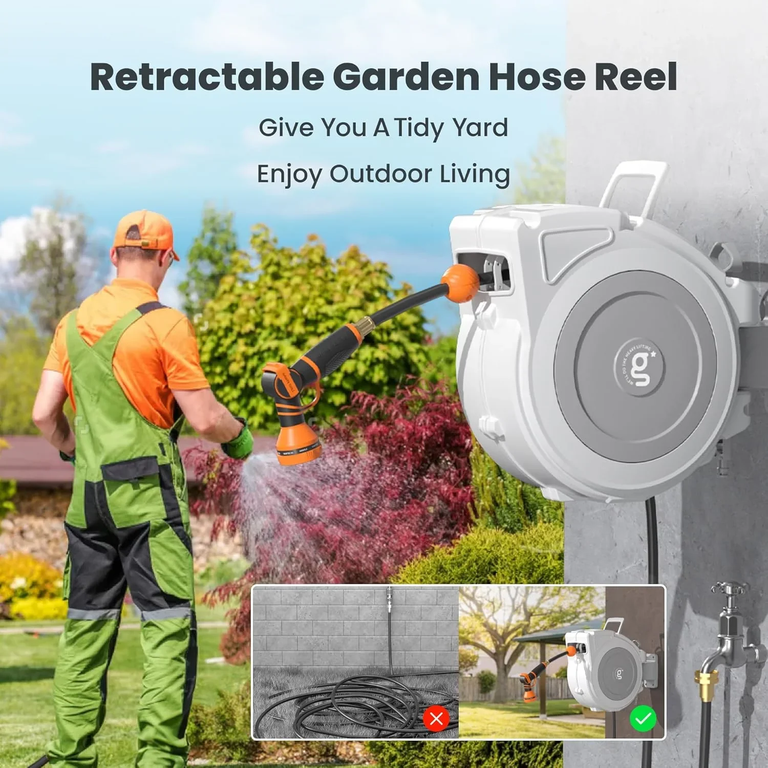 Giraffe Tools Retractable Garden Hose Reel with 1/2in-100ft Water Hose, Plastic Bracket, Wall Mounted, Dark Grey