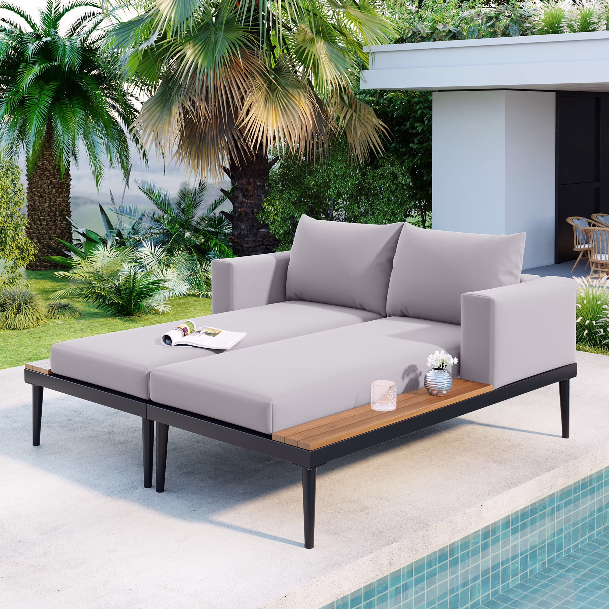 Patio Outdoor Metal Daybed for 2, All Weather Outdoor Chaise Lounges Reclining Chairs with Wood Topped Side Spaces for Drinks for Poolside Balcony Deck, Gray(Gray)