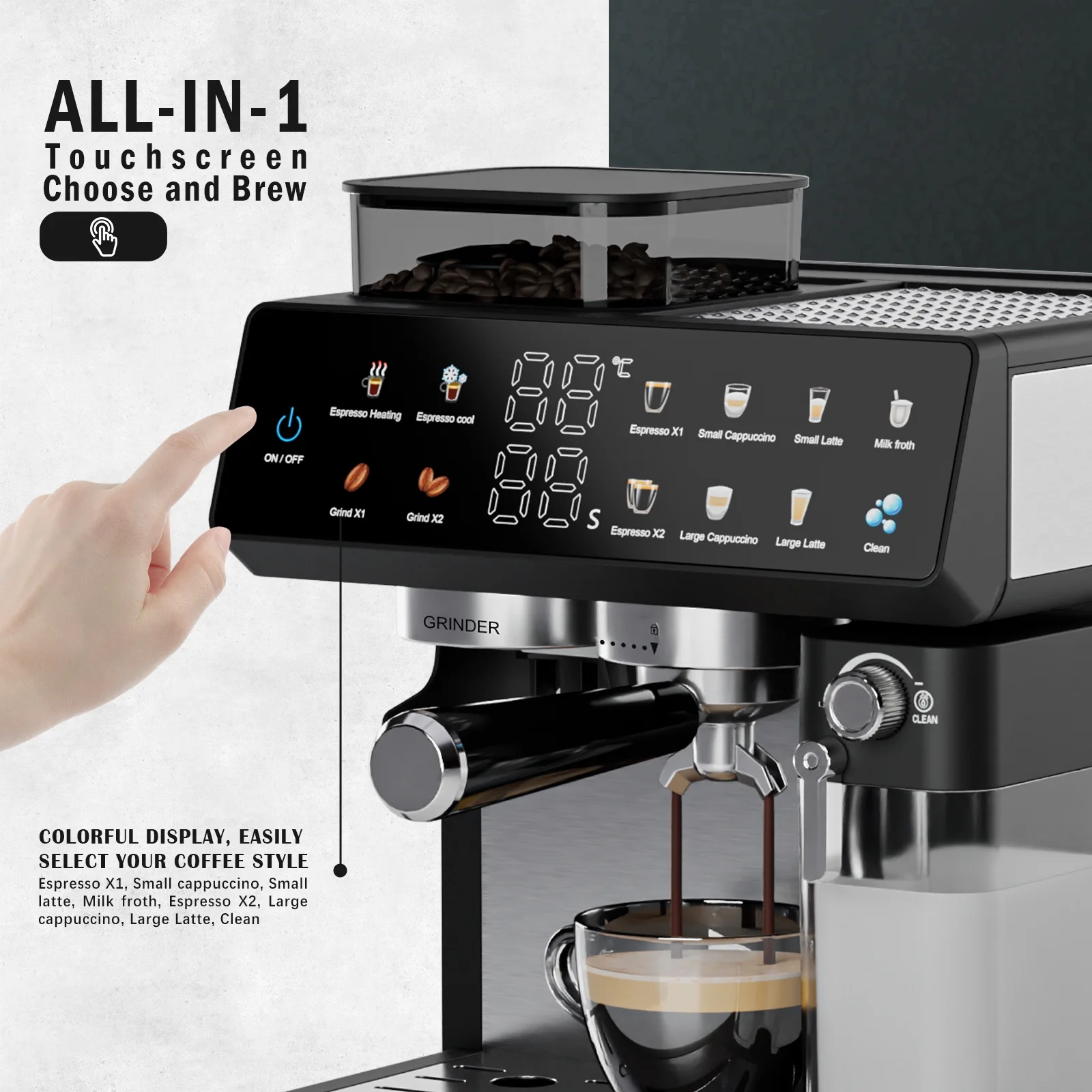 Bluebow All - in - One Espresso Machine with Grinder, 20 - Bar Automatic Coffee Maker, Built - in Milk Frother for Latte & Cappuccino, Single/Double Shot