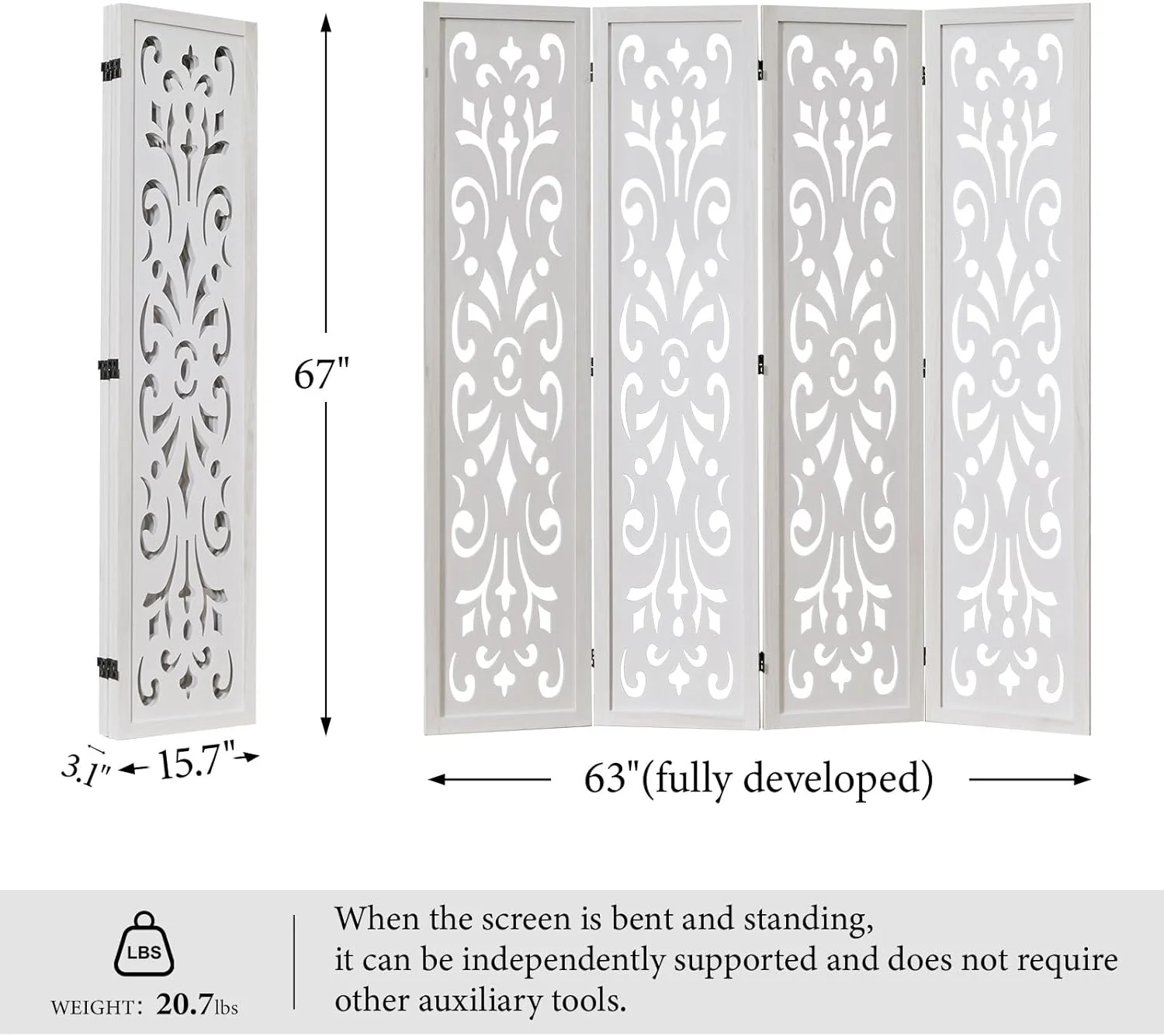 5.6Ft Room Divider Folding Wood Classical Carved Partition Screen for Home Office Garden 4 Panels (White)(4 Panels/White Exotic) - Image 6