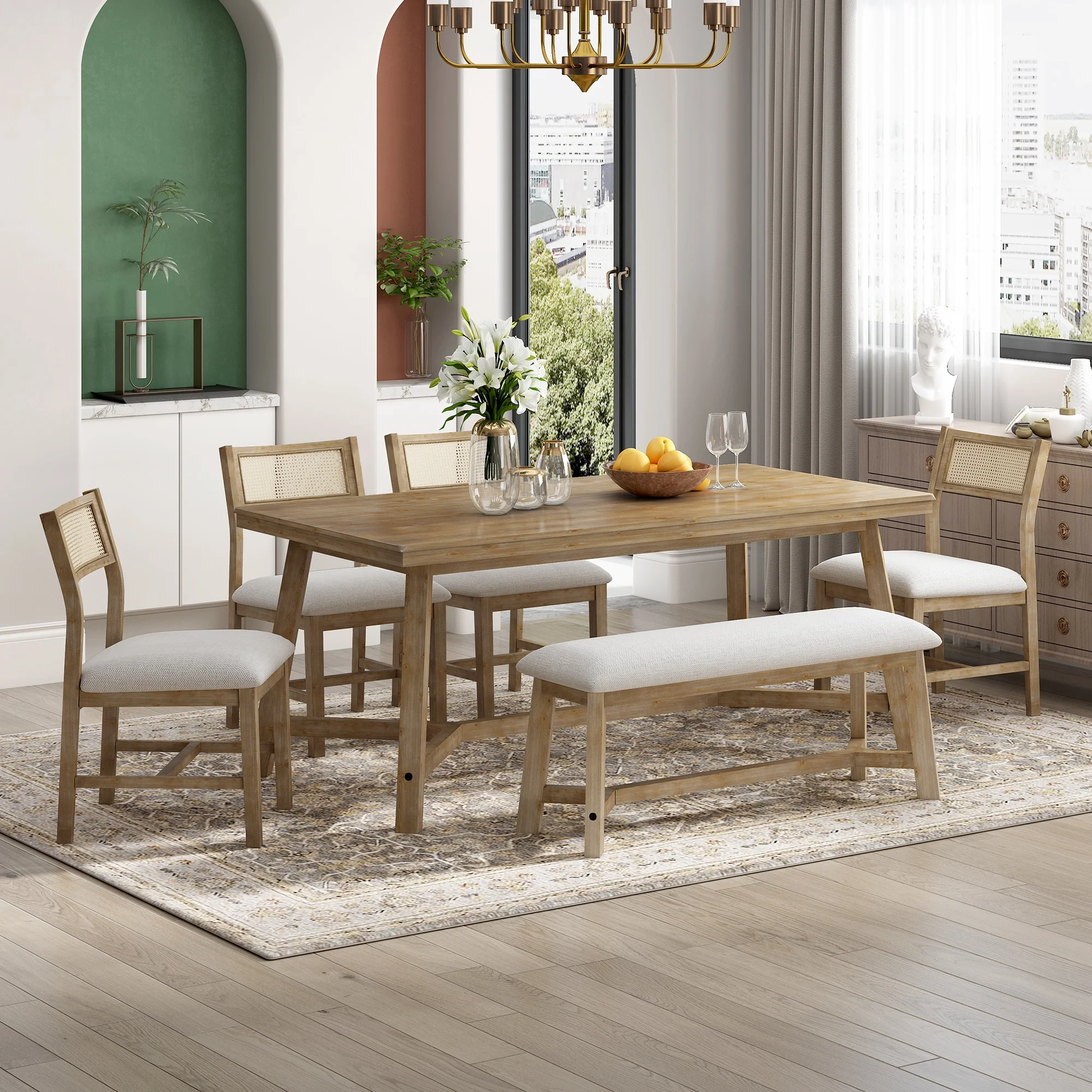 6-piece Retro Farmhouse Dining Set, Wood Rectangular Table and 4 Upholstered Rattan Chairs, Bench, Dining Table Set for 5-7, Dining Table Set for Kitchen Dining Room Dorm Apartment, Wood Wash(Natural Wood Wash/Style #2) - Image 4