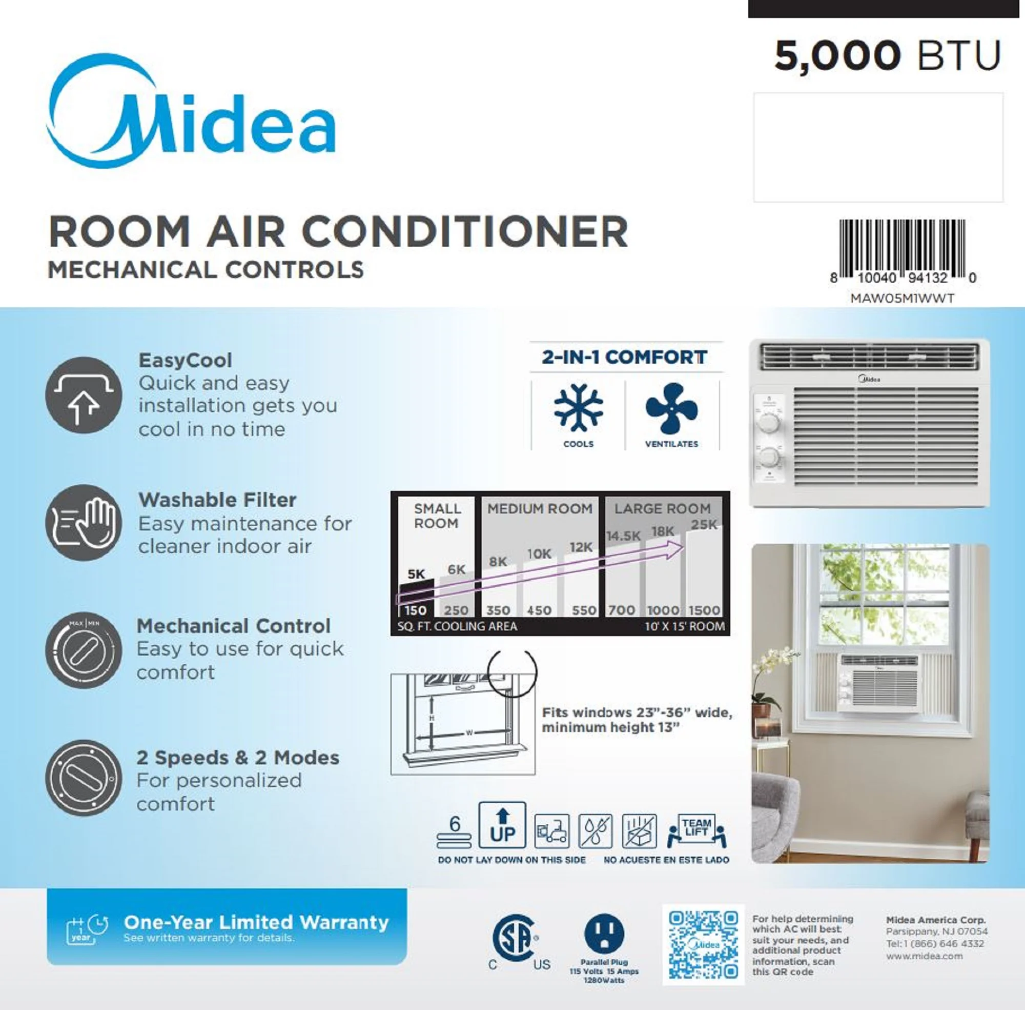 Midea 5, 000 BTU 150 Sq Ft Mechanical Window Air Conditioner, White, MAW05M1WWT, New