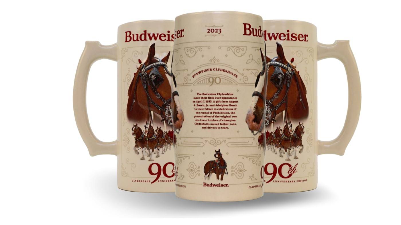 Budweiser 2023 90th Anniversary Limited Edition Collectors Series #44 Clydesdale Holiday Stein - Ceramic Beer Mug - Christmas Gift for Men, Father,