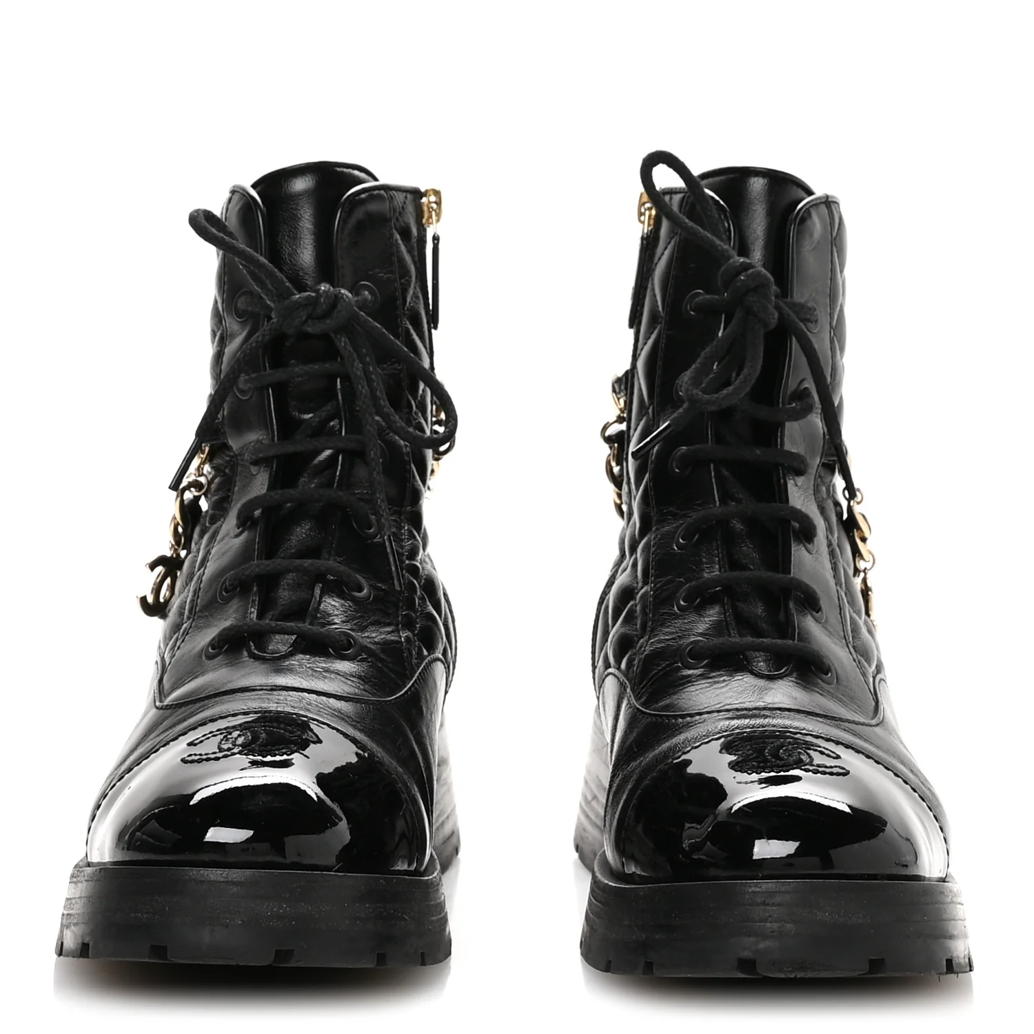 Shiny Calfskin Patent Quilted Chain Lace Up Combat Boots 40.5 Black