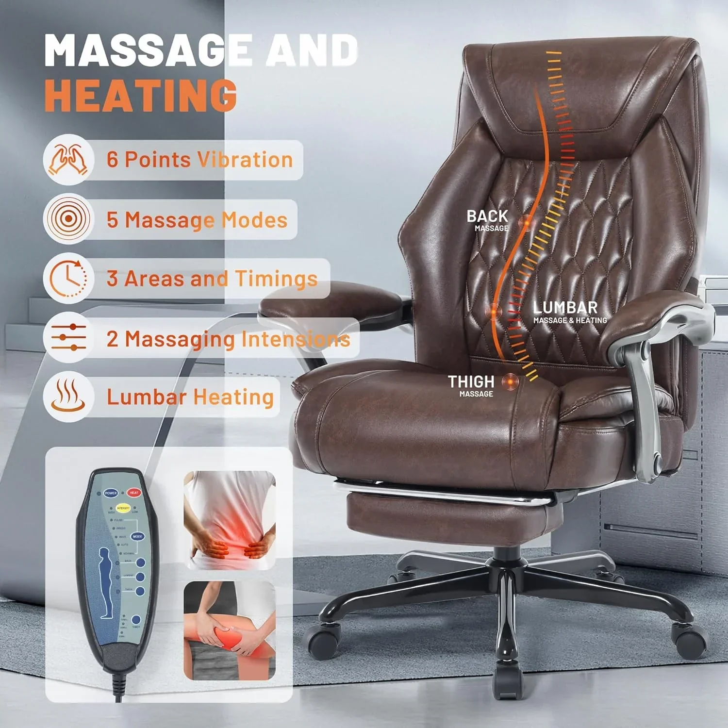 Fauteuil de bureau massant avec chauffage et repose-pieds, fauteuil de bureau ergonomique inclinable de direction
