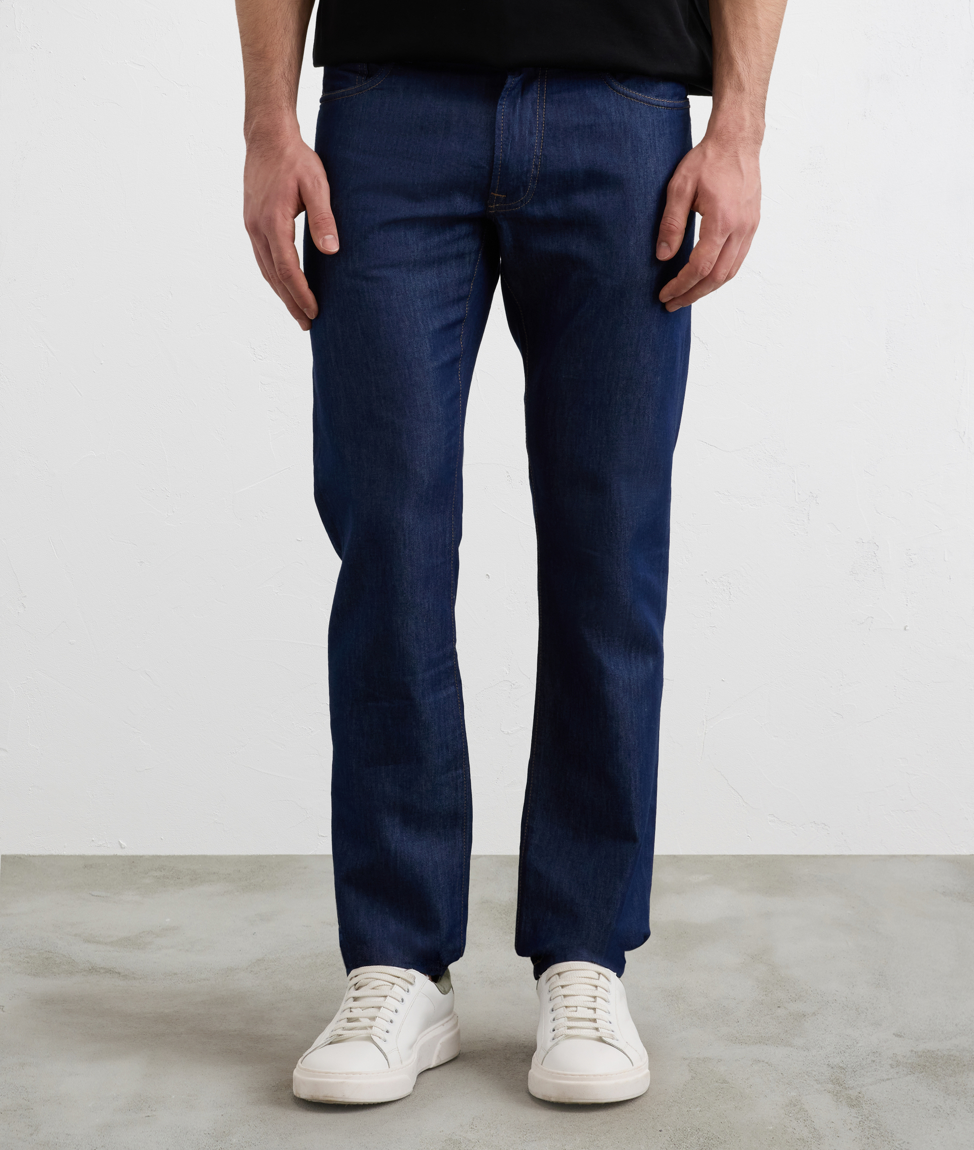 NAVY BLUE COTTON AND LYOCELL DENIM WITH LEATHER LOGO EMBOSSED ON BACK