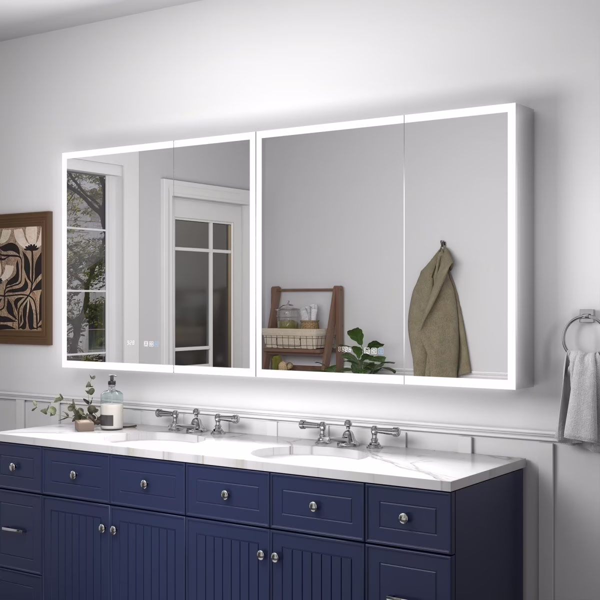 Rim 72" W x 32" H Lighted Medicine Cabinet Recessed or Surface LED Medicine Cabinet with Outlets USBs