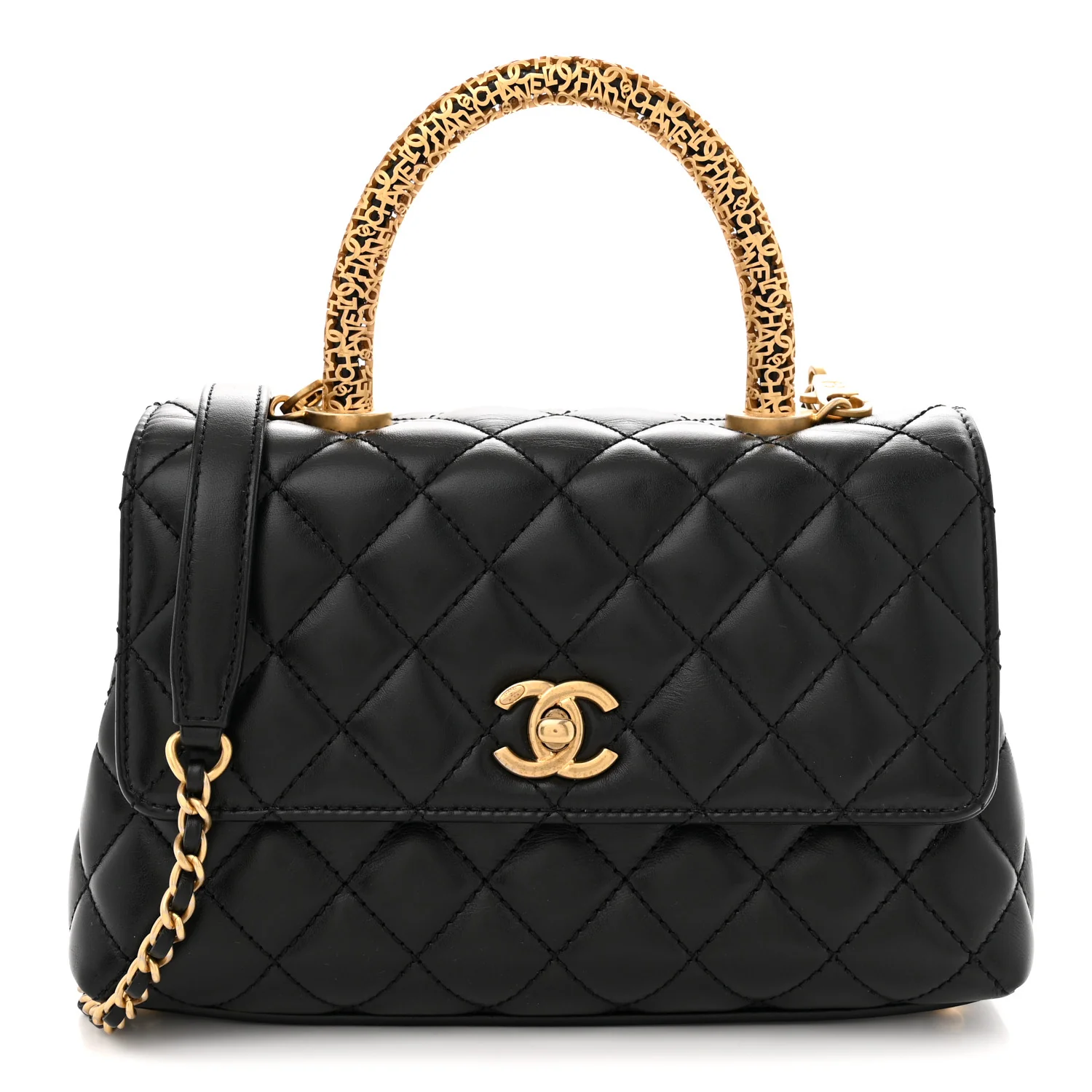 Calfskin Quilted Mini Logo Coco Handle Flap Black