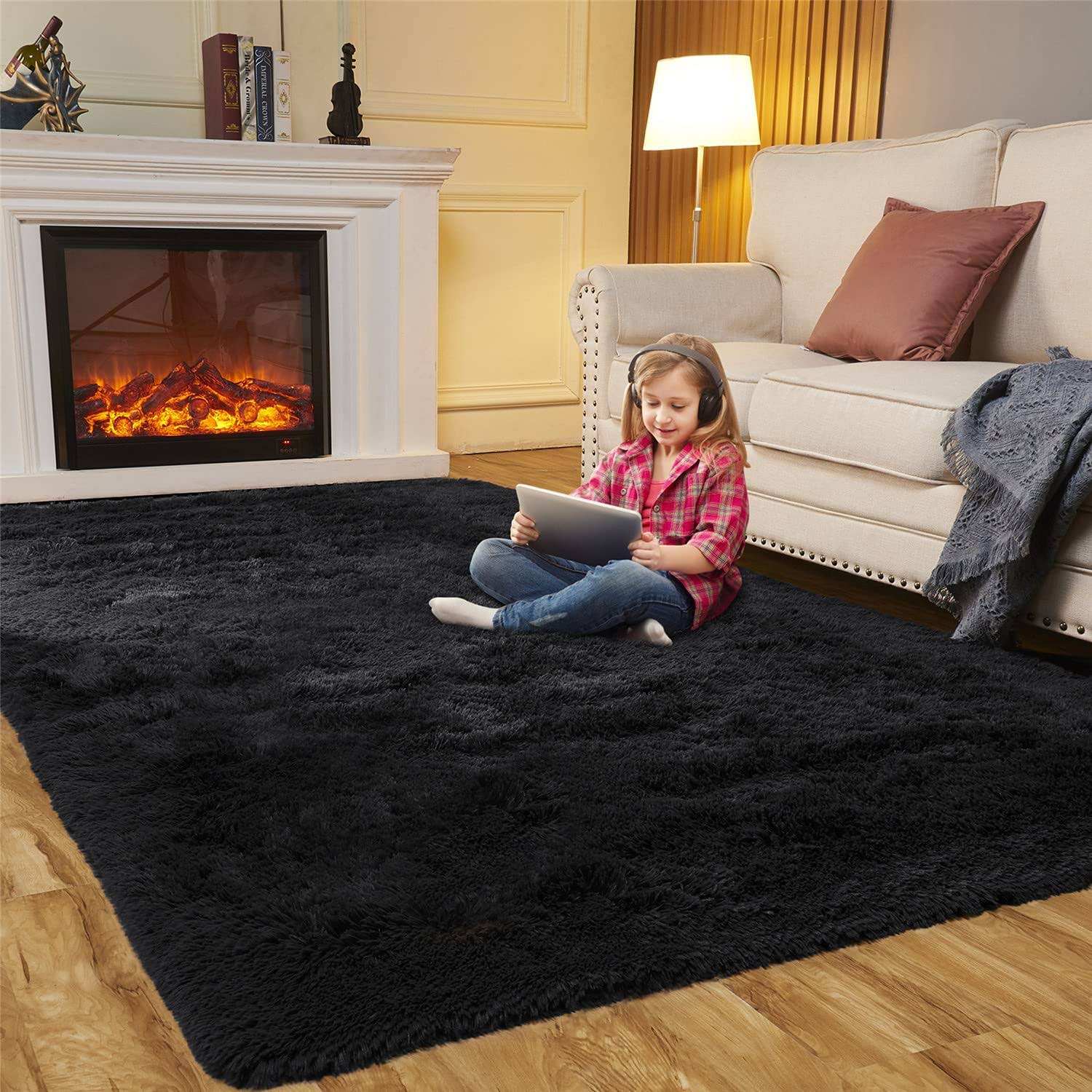 EasyJoy Area Rugs for Bedroom Living Room, 4ft x 6ft Black Fluffy Carpet for Teens Room, Shaggy Throw Rug Clearance for Nursery Room, Fuzzy Plush Rug for