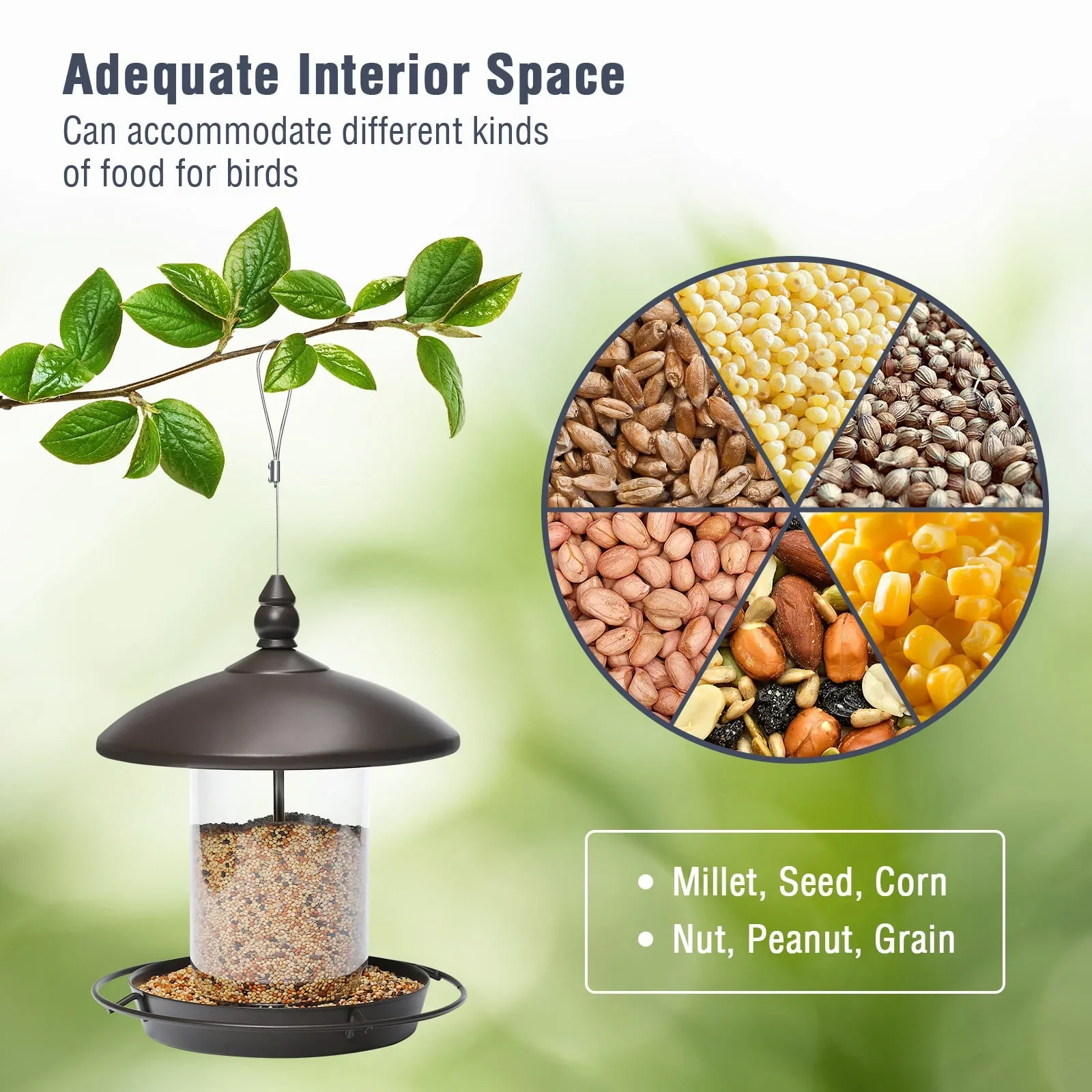 Stagmoo Bird Feeder,Anti-Squirrel Hanging Bird Feeder, Frosted Metal Bird Feeder,  Outdoor Bird Feeder for Garden or Yard Decoration, Round Roof Design for Sun-Proof and Rainproof, Brown