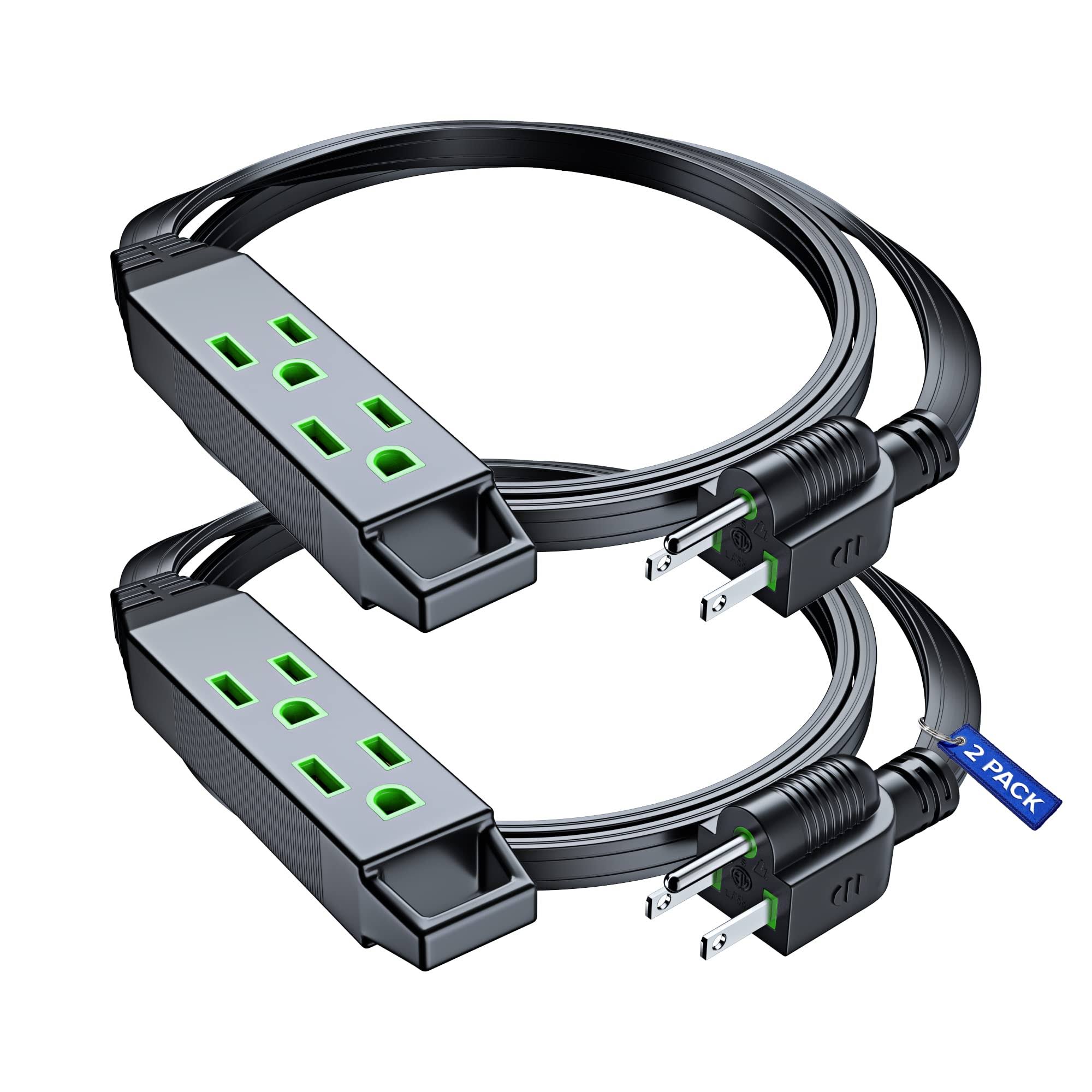Maximm Extension Cord with Multiple Outlets 2 ft, with Thin Space-Saving Flat Wire Design, Black, 16 Gauge, Flat Extension Cord Under Carpet ETL