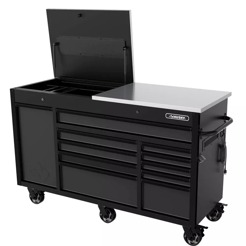 Établi mobile robuste de 160 cm de large avec 11 tiroirs profonds, coffre à outils, finition noir mat et plateau rabattable en acier inoxydable.