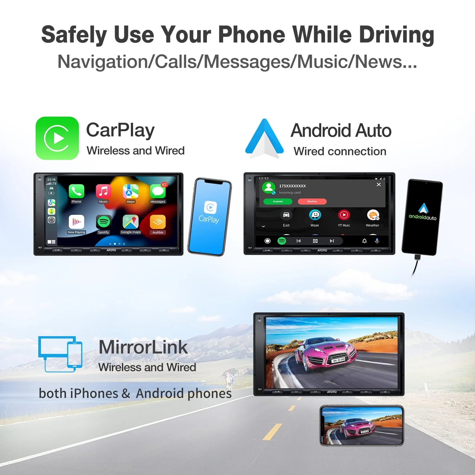 ATOTO 7inch Touchscreen Car Stereo Head Unit,A6PF Double Din Wireless Apple CarplayWireless Android Auto with GPS Tracker,HD Camera Input - Image 3