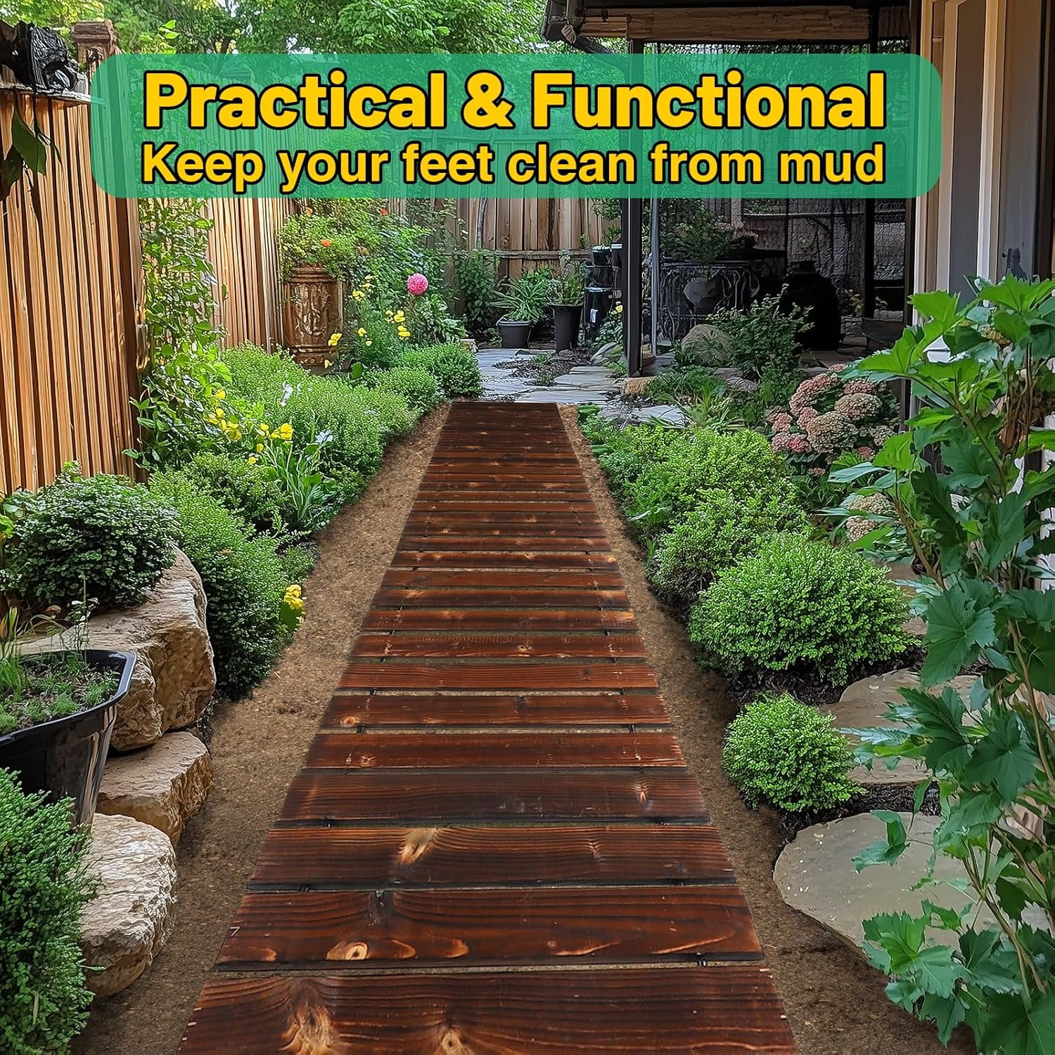 8.2 Ft Wooden Garden Pathway Weather Resistant Carbonized Pine Roll Out Decorative Walkway, Boardwalk Pathway Pavers for Outside Stepping Stones Outdoor Patio Beach Pool Backyard, Brown(Brown) - Image 3