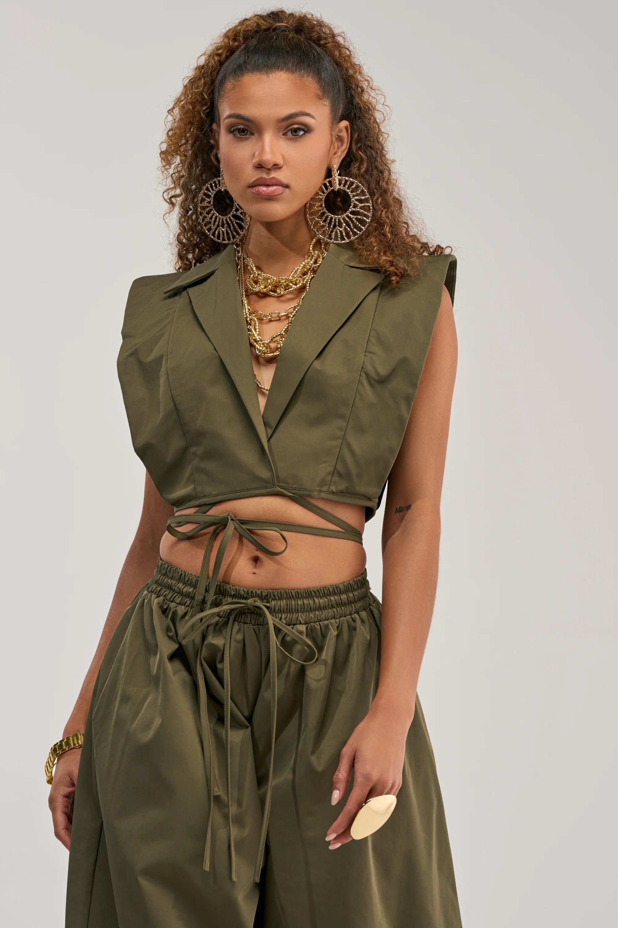GUESS WHO VNECK COLLARED BLOUSE IN OLIVE - Akira Store