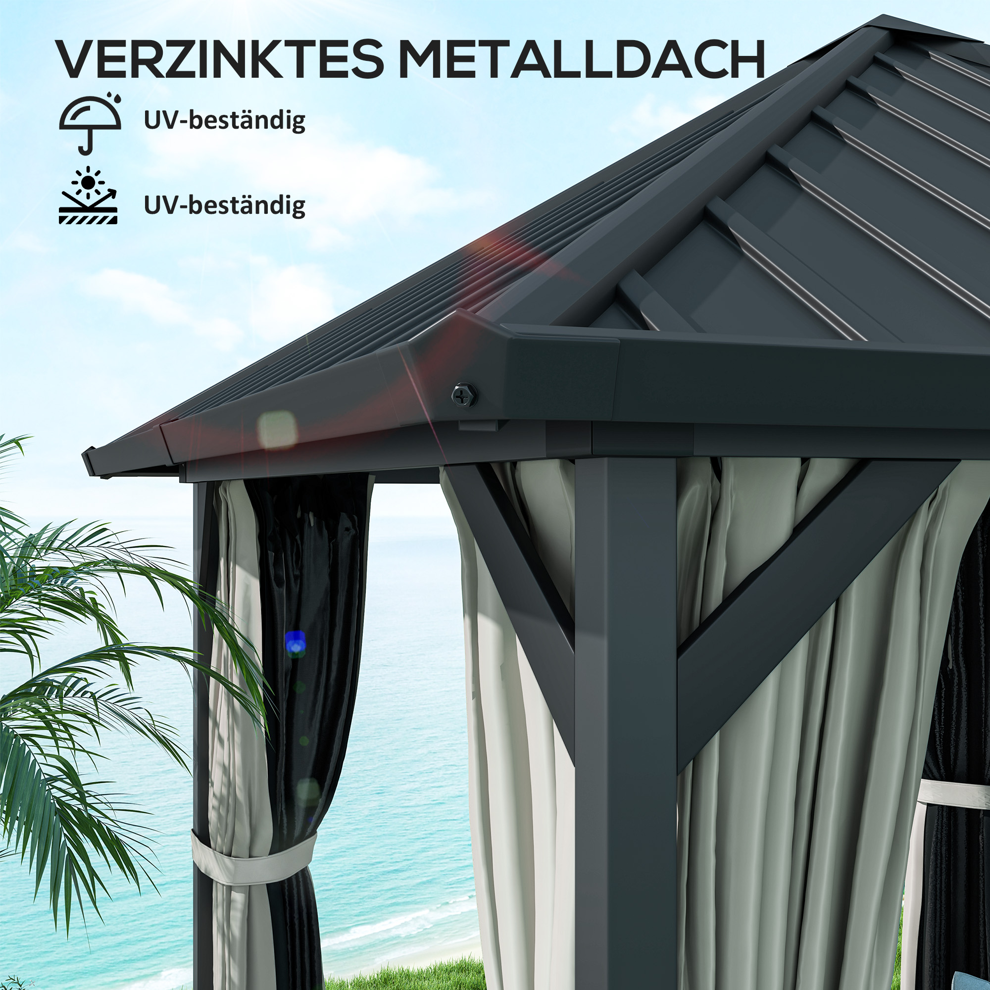 Outsunny 3 x 3m Harddak Paviljoen, Tuinpaviljoen met Metalen Dak, Waterbestendig Tuinzelt met Net en Zijwanden, Donkergrijs