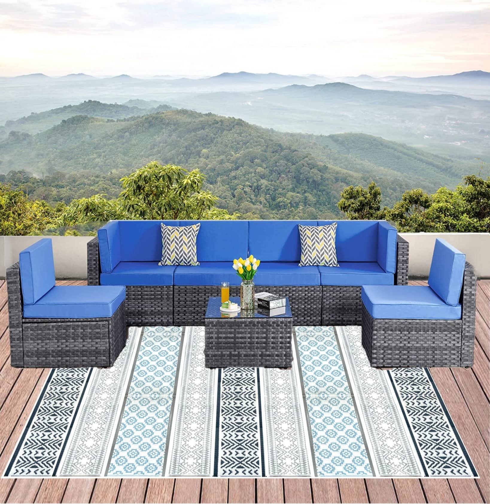 BalajeesUSA Recycled Outdoor Plastic Patio Rugs ÿ 5'x7', Grey, Teal, 7001