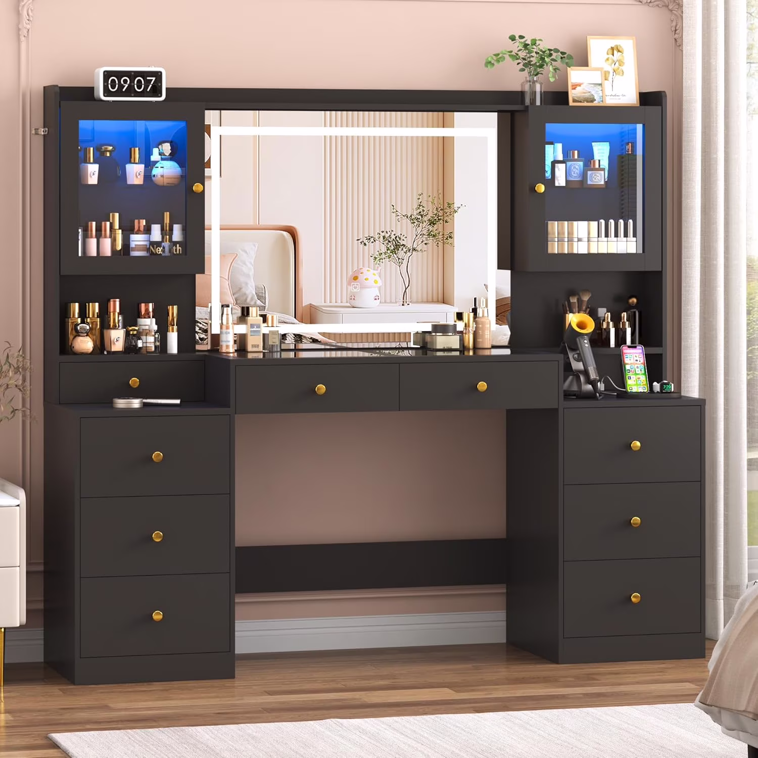 62'' Large Vanity Desk w/60000-color LED Lights, Tempered Glass Top, Power Outlet, Makeup Vanity Table w/ 3 Lights Mode Mirror, 9 Drawers, 2 RGB Cabinets, LED Dressing Table for Girls, Women(White-62'') - Image 3
