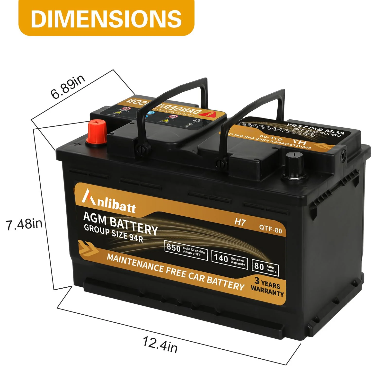 Anlibatt Platinum AGM Group 94R Battery, 12 Volt Rechargeable Automotive Batteries for Car, H7 850CCA 80ah 140RC