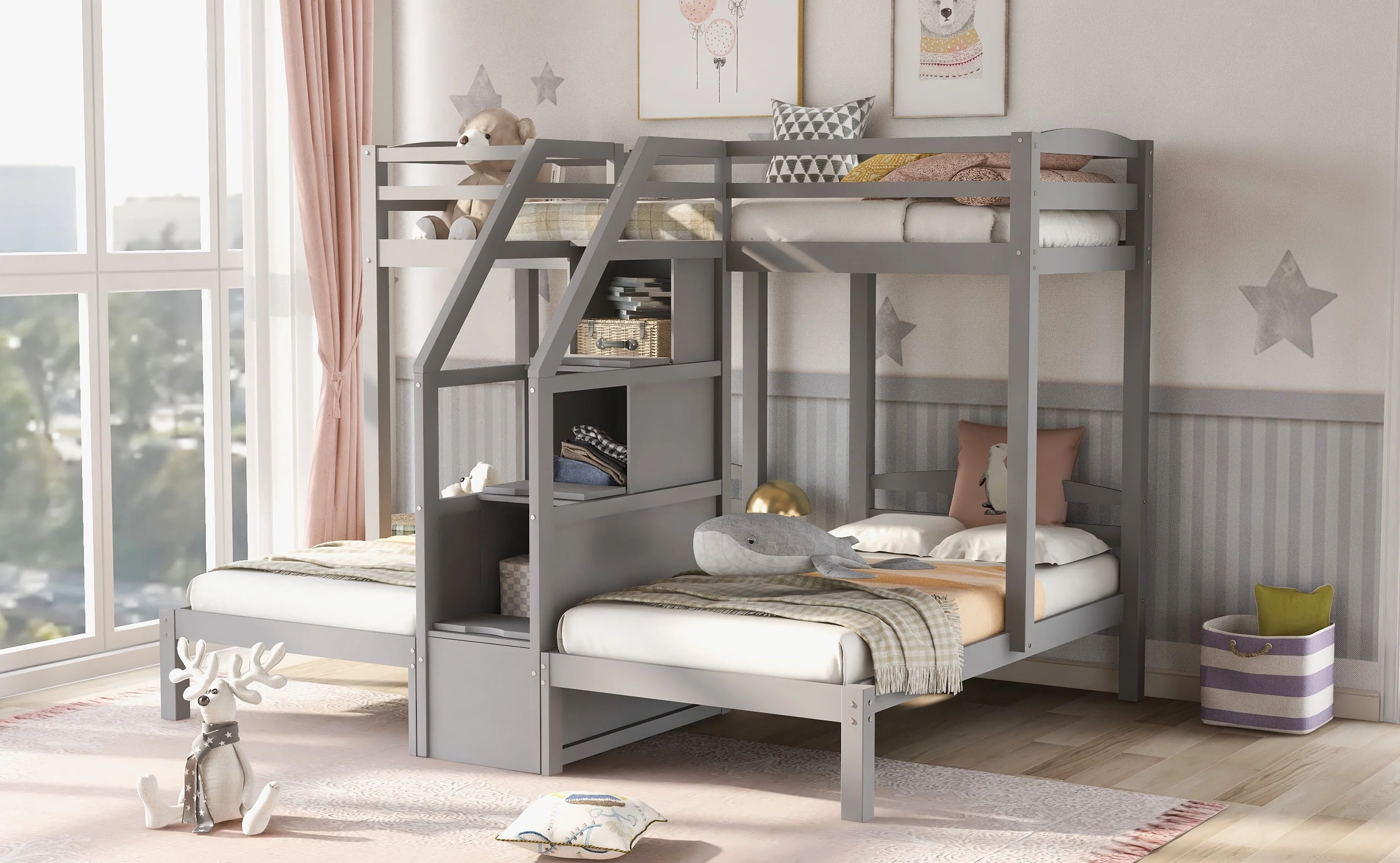 Twin over Twin Twin Bunk Bed with Staircase and Drawers for Kids Bedroom, 3 in 1 Bunk for More Kids, Storage Staircase, Gray Image 4