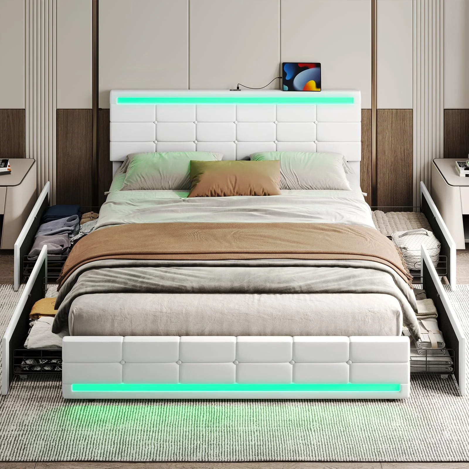 Queen Platform Bed Frame with 4 Drawers Storage and Headboard, Pu Leather Upholstered LED Bed Frame with 2 USB Charging Station & Wood Slat Support, White
