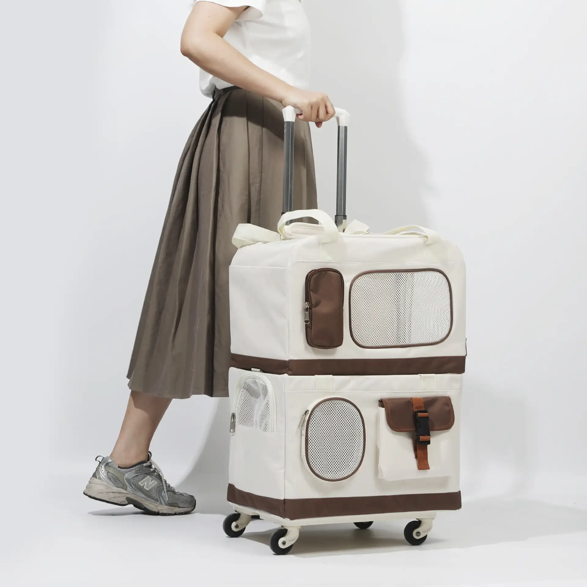 Travel Carrier Double-Layer Foldable Cat Bag with Detachable Trolley