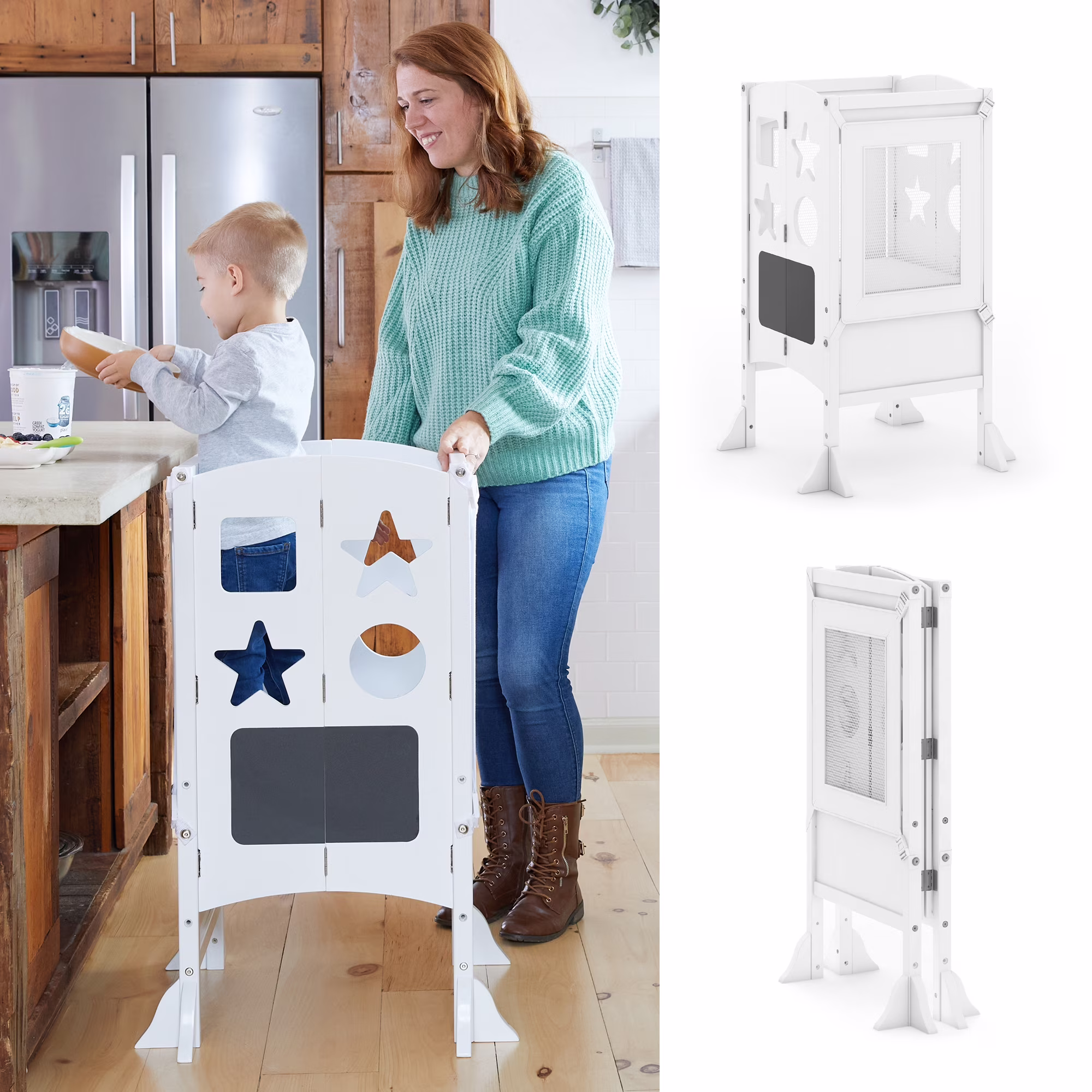 Classic Kitchen Helper Kids' Step Stool Natural: Foldable and Adjustable Wooden Toddler Tower for Learning with Keeper(Natural) - Image 3