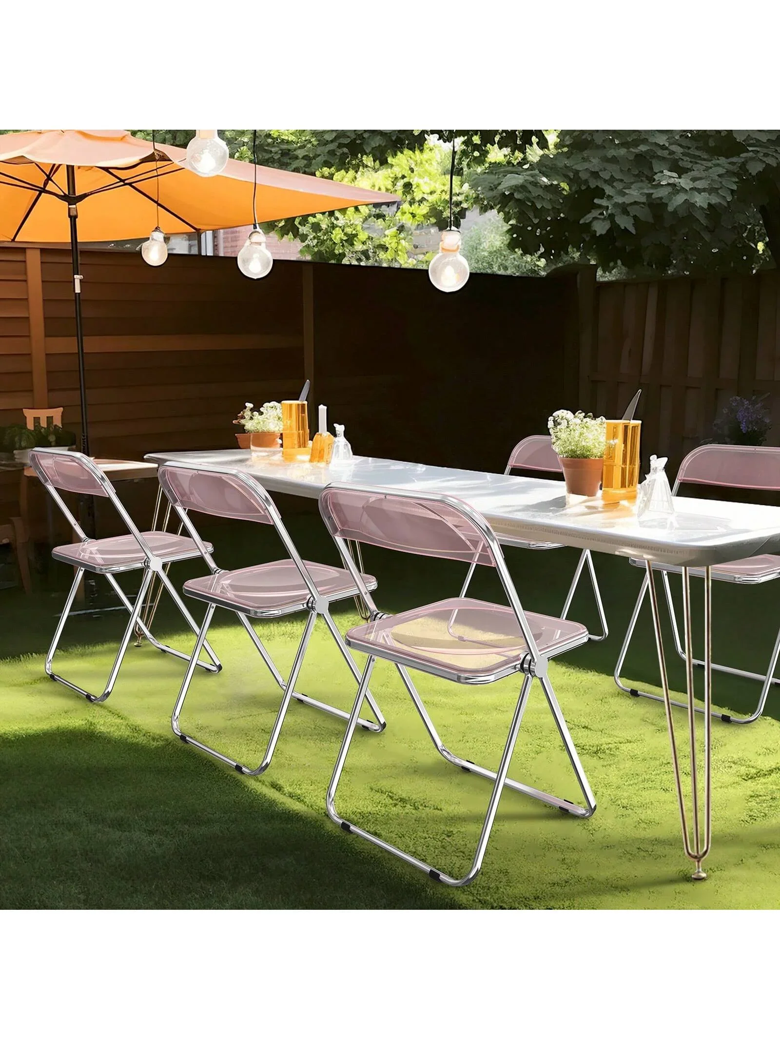 2 foldable terrace plastic folding chairs, white transparent/pink transparent/blue transparent/orange transparent, can be used for gardens, camping BBQ�?party