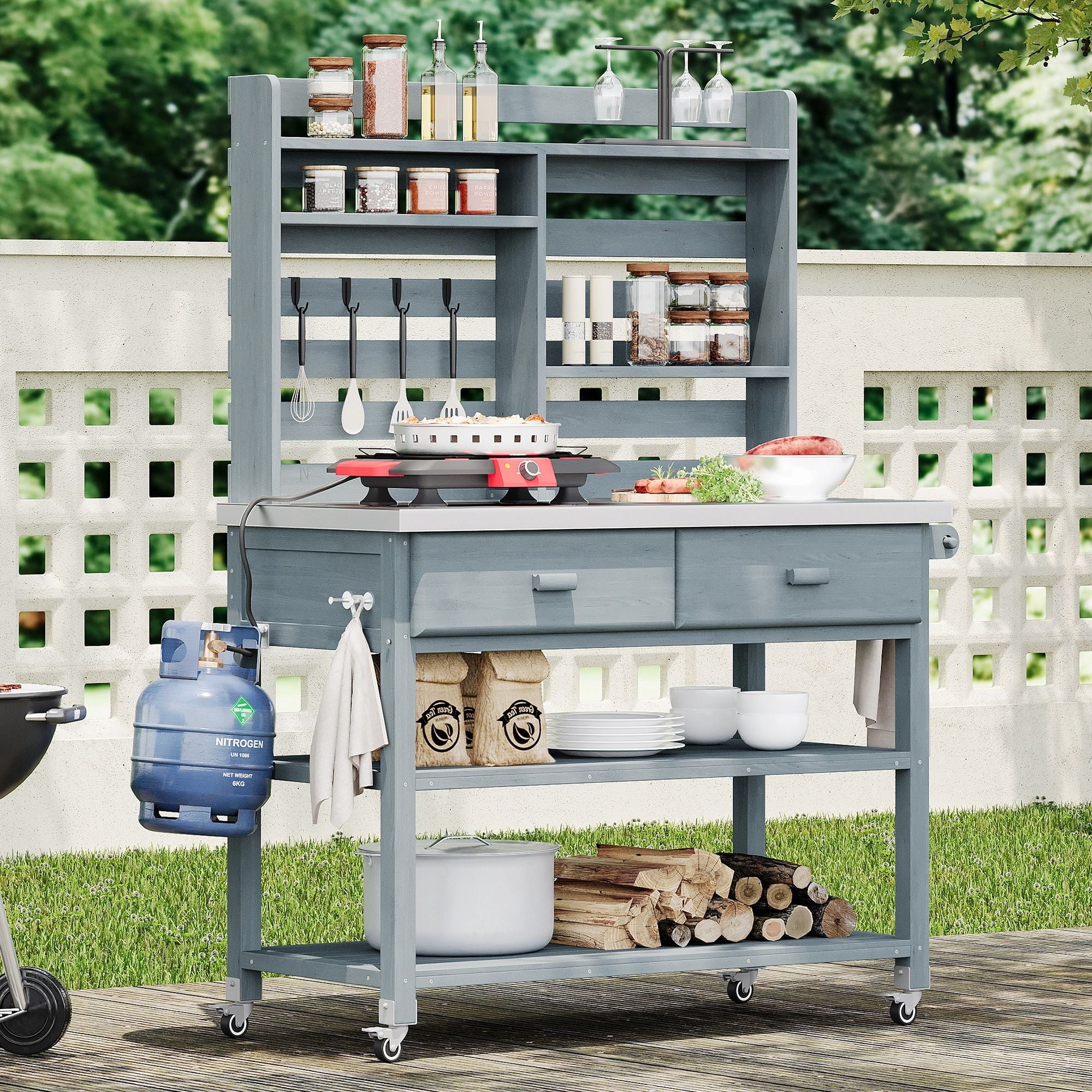 EUROCO 500LBS 64.9H Solid Fir Wood Potting Bench with Stainless Top & 4 Wheels,Large Modular Garden Work Table with 4 Hooks,Bottle Opener,4 Shelves and 2 Drawers,Outdoor Potting Table for Porch