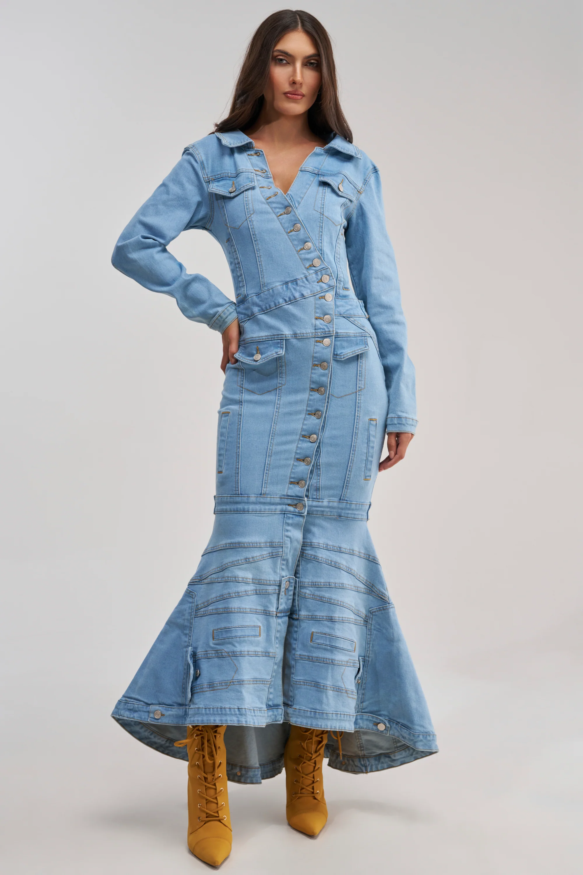 TRAPEZE BUTTON DOWN DENIM MAXI DRESS - Akira Store
