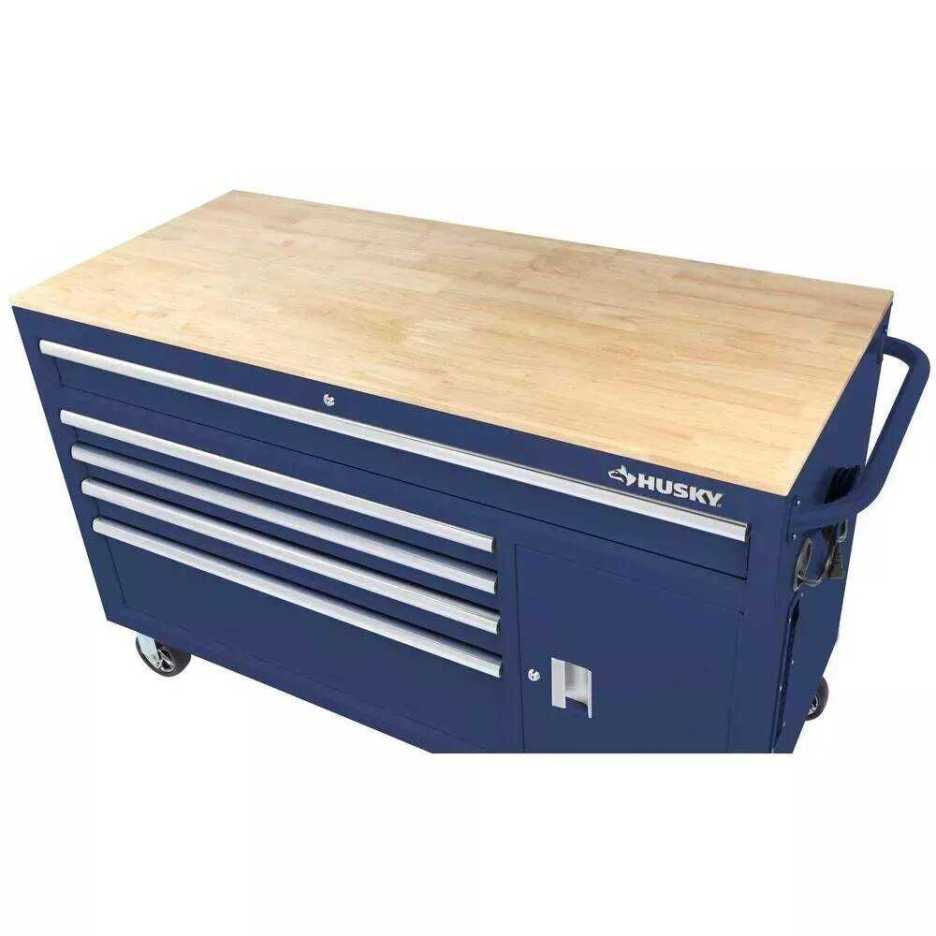 Coffre à outils mobile de 142 cm de large, 5 tiroirs, 1 porte, profond, bleu brillant, plateau en bois dur