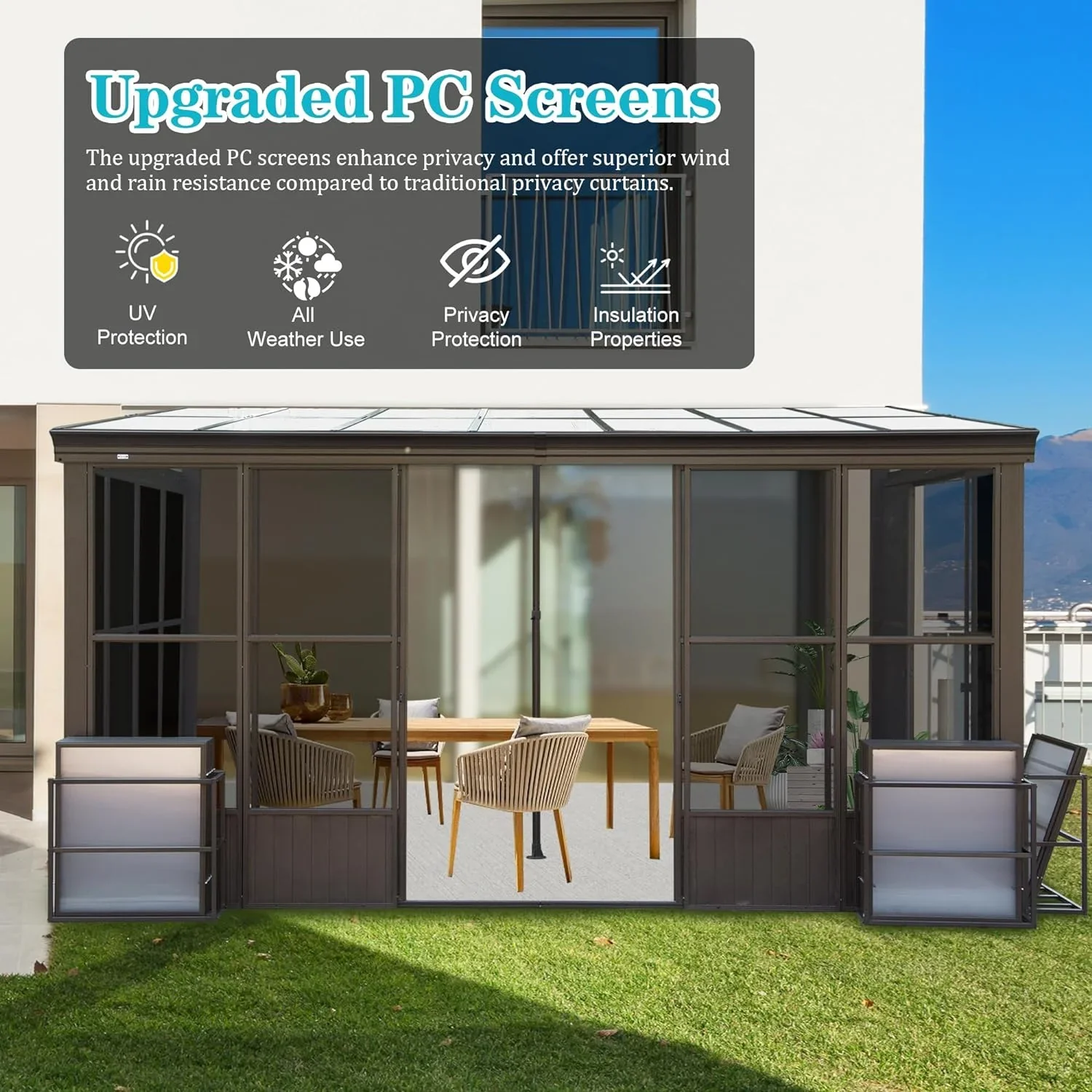 Domi Outdoor Living 10' x 12' Hardtop Lean-to Gazebo, Wall-Mounted with Galvanized Steel Roof Wall Pergola with Aluminum Frame, Curtains and Netting, for Patio, Deck, Garden, Backyard