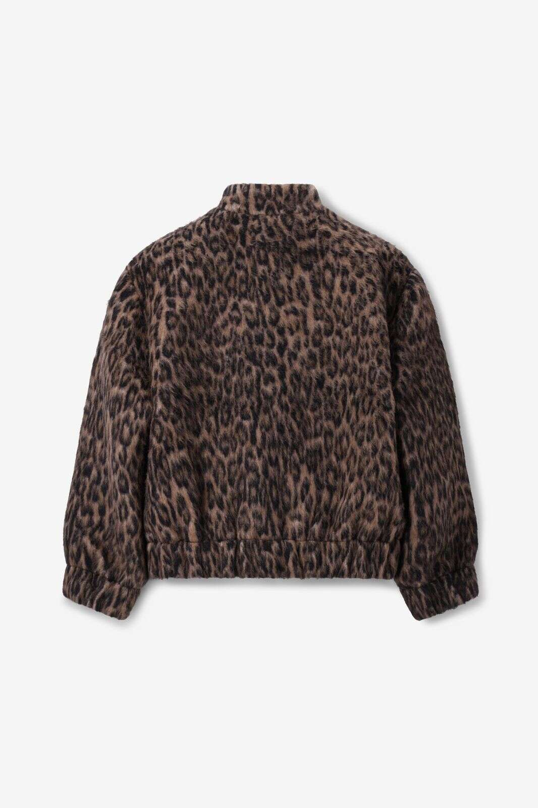 Bruine wollen boucl&eacute; jas met leopard print