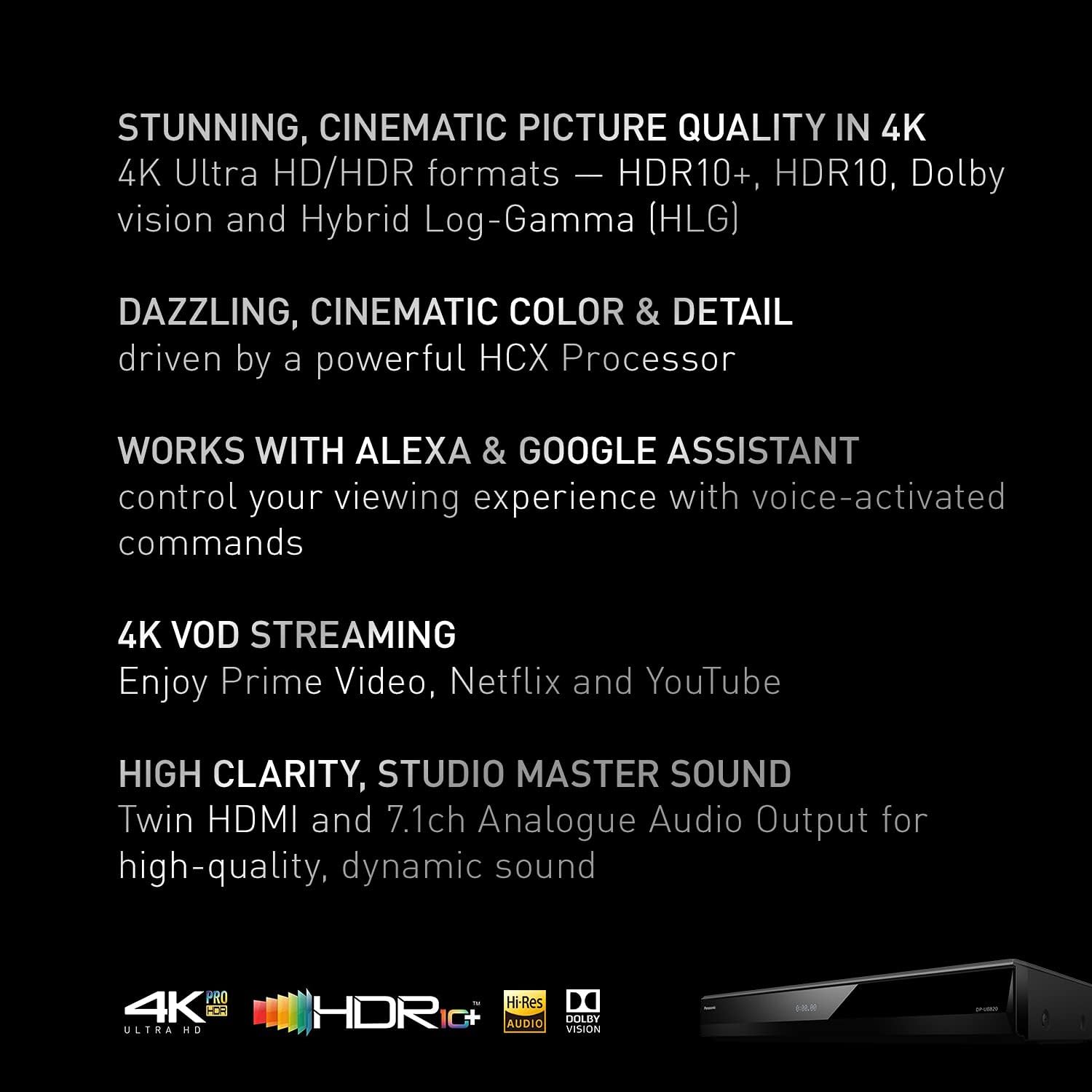 Panasonic Streaming Blu Ray DVD Player  4K Blu Ray Player with Dolby Vision and HDR10+ Ultra HD Premium Video Playback  Hi-Res Audio  Voice Assist - DP-UB820-K (Black)