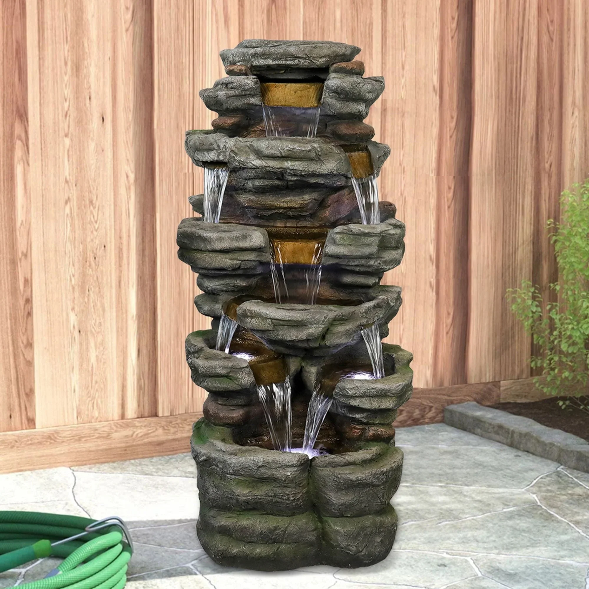 Willwolfer Rockery Outdoor Floor Water Fountain with Light LED 47.2 High Cascading Waterall for Yard Garden Patio Deck Home