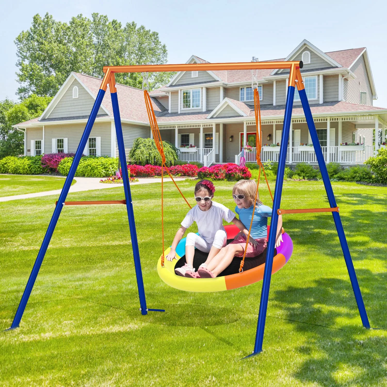 Swing Sets for Outside 440lbs Swing Set for 2-3 Kids Outdoor with Heavy-Duty Metal Frame Adjustable Ropes Round Swing, Rainbow(One Size) - Image 4