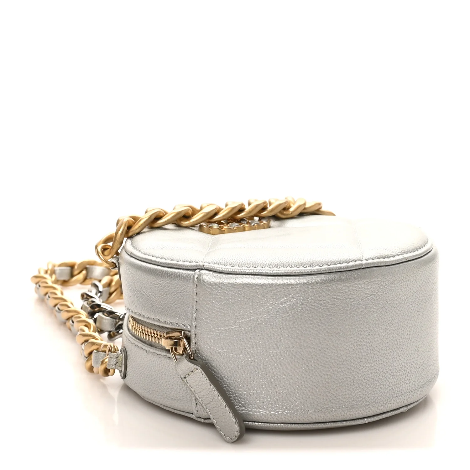 Metallic Lambskin Quilted Chanel 19 Round Clutch With Chain Silver