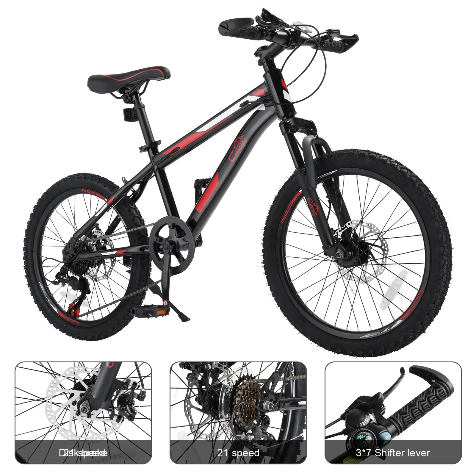 UBesGoo 20in 7 Speed Mountain Bike, Lightweight All Terrain Bicycle with Dual Disc Brakes, Suspension, Black Red
