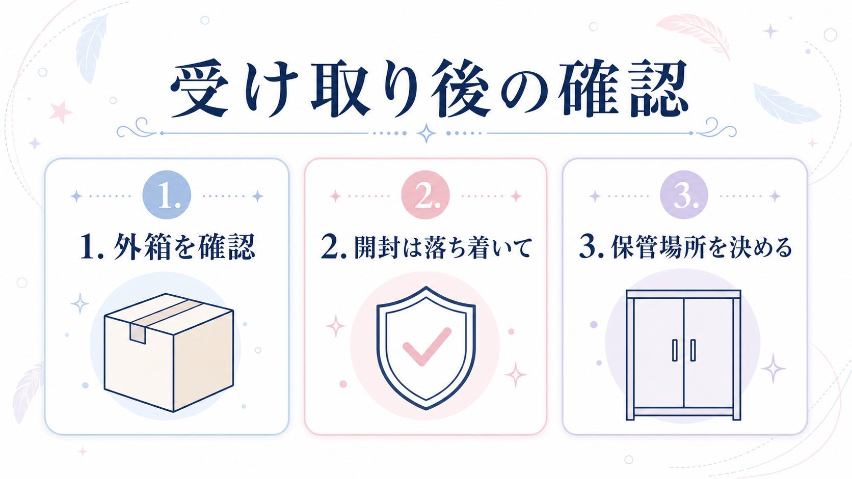 外箱を確認し、落ち着いて開封してから保管場所を決める受け取り後の手順