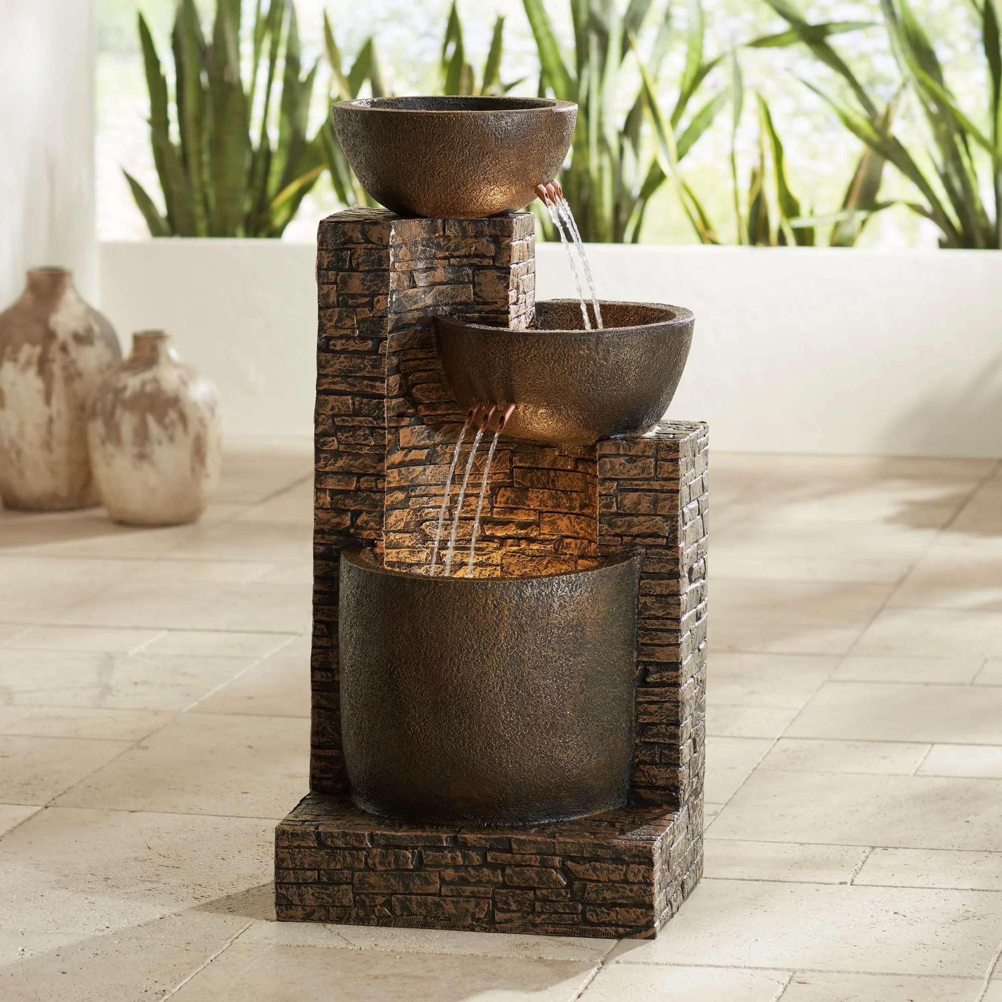 John Timberland Outdoor Floor Water Fountain Three Bowl Floor Cascade 35 for Yard Garden Lawn