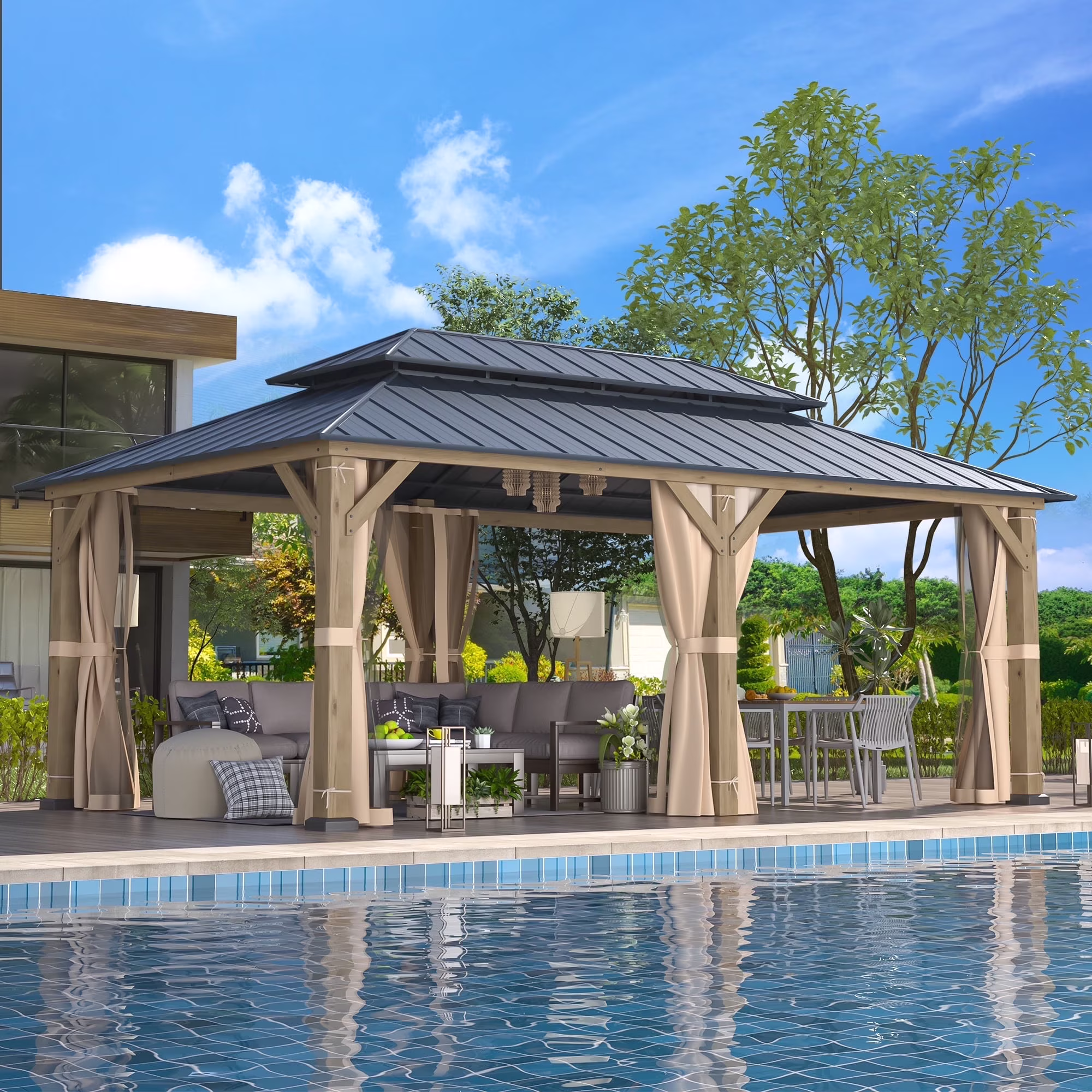 Hommow 12' x 20' Outdoor Gazebo&Cedar Wood Framed Hardtop Gazebo w/Powder Coated Metal Roof for Gardens Patios Gray