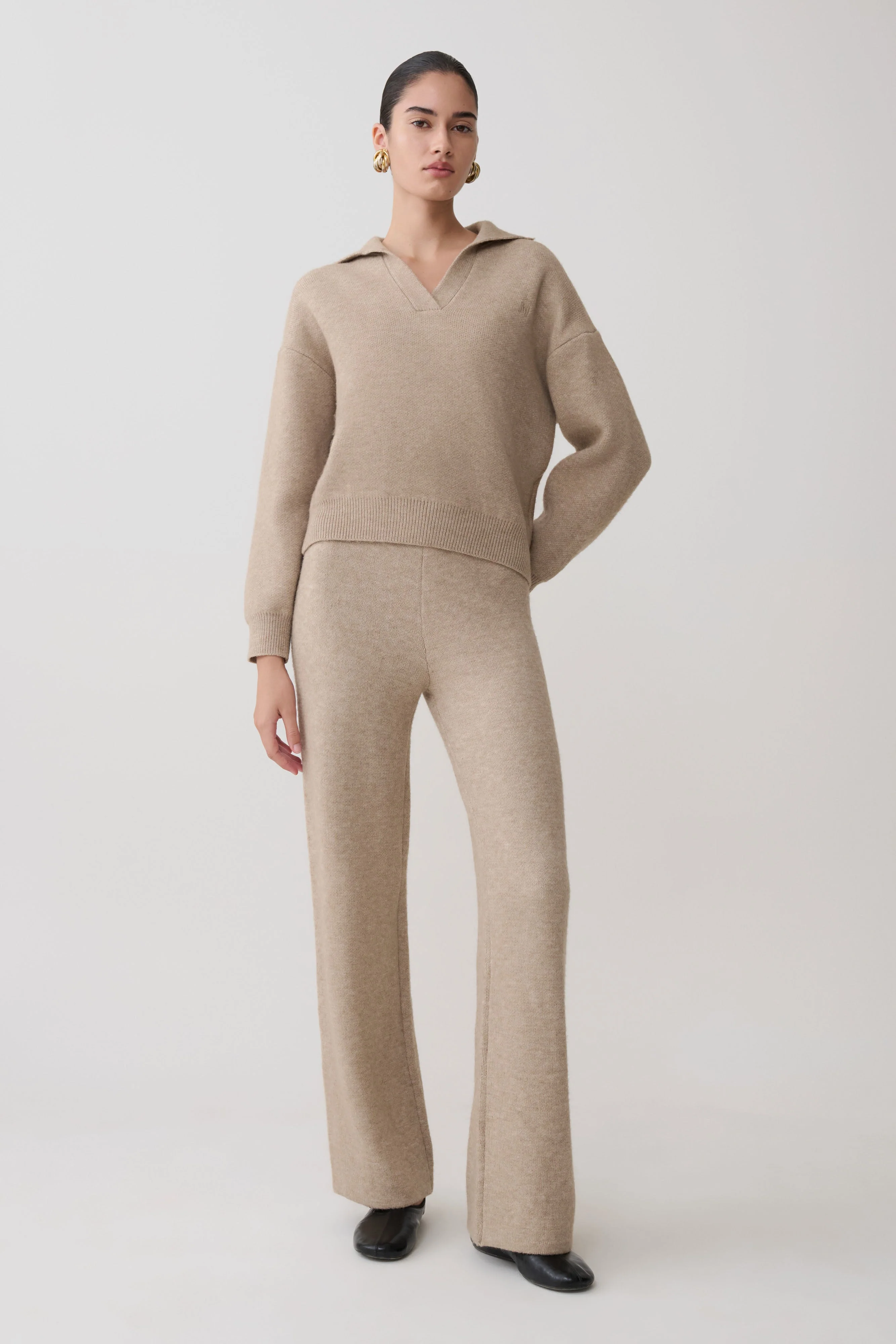 Evan Knit Wide Leg Pants - Beige Marle