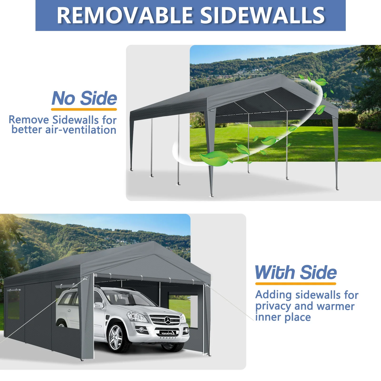 10x20Ft Carport, Large Heavy Duty Car Tent with Galvanized Steel Frame, Portable Storage Boat Shed Canopy Garage with Sidewalls Doors, Gray(10'X20'X9.2') - Image 7
