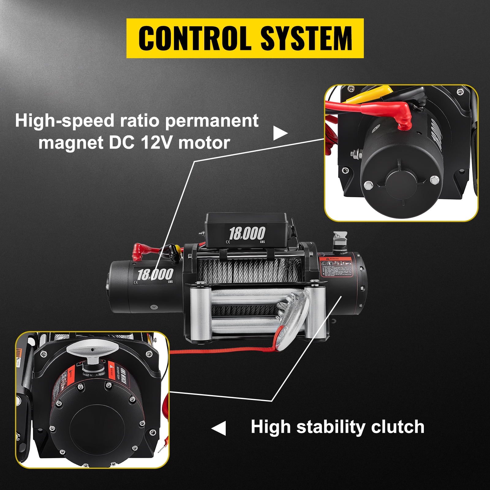 Treuil électrique 18 000 lb (8 165 kg) avec câble en acier 12 V pour VTT, UTV, camion et remorque tout-terrain