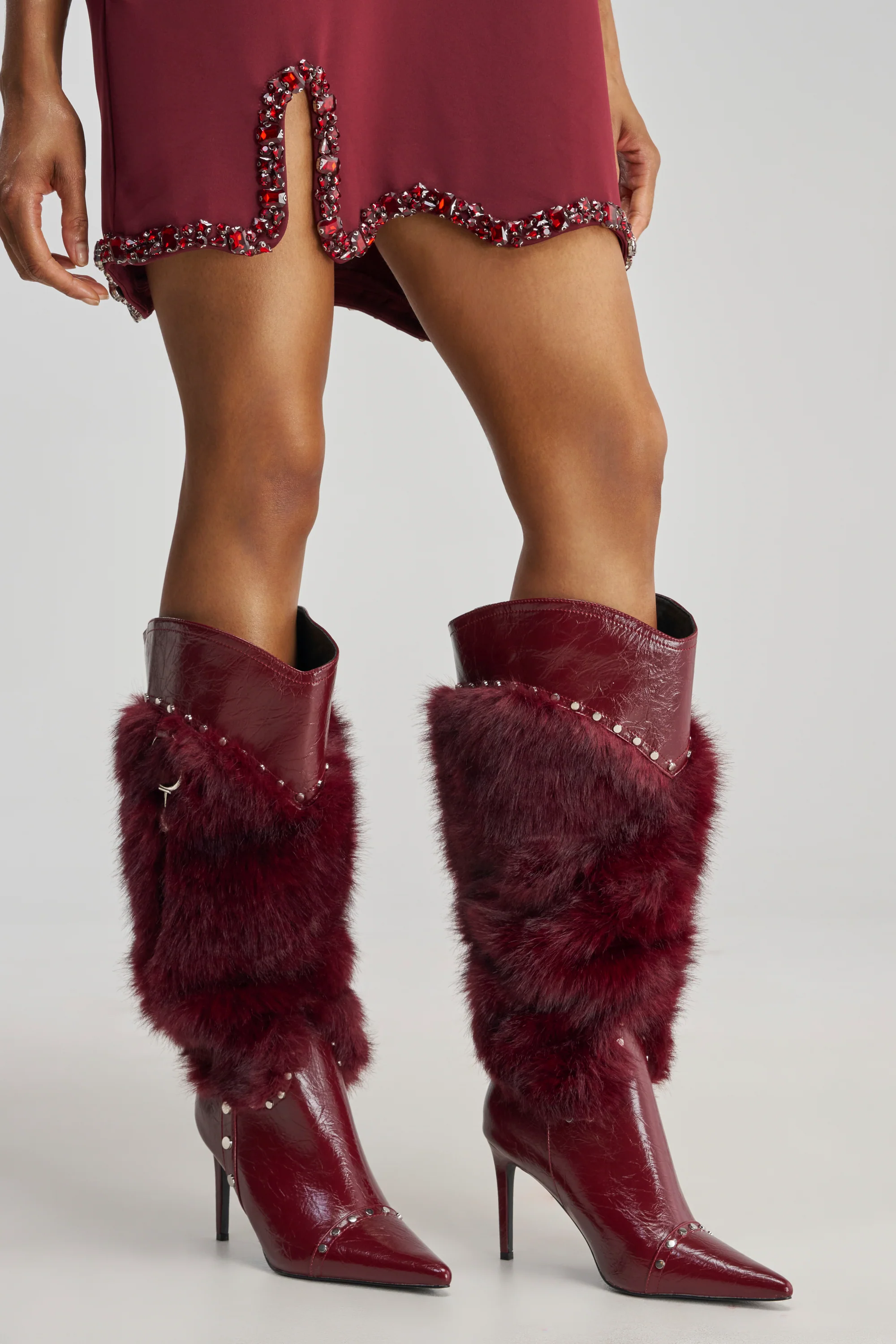 AZALEA WANG ALISETTE BURGUNDY MIXED MATERIAL FUR AND FAUX LEATHER STILETTO BOOT - Akira Store
