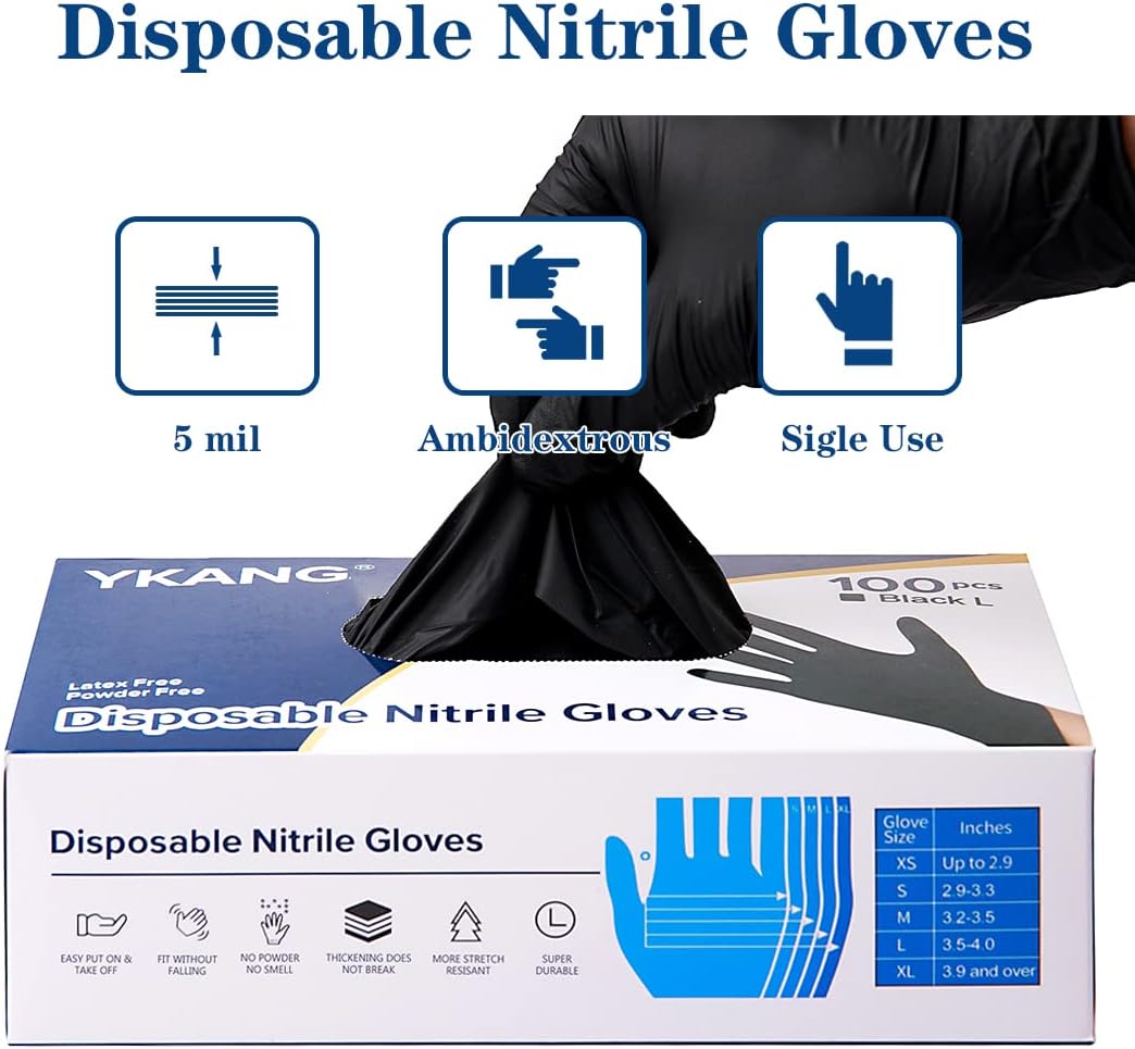 YKANG Black Disposable Nitrile Gloves, Latex Free Food Safe Cooking Gloves