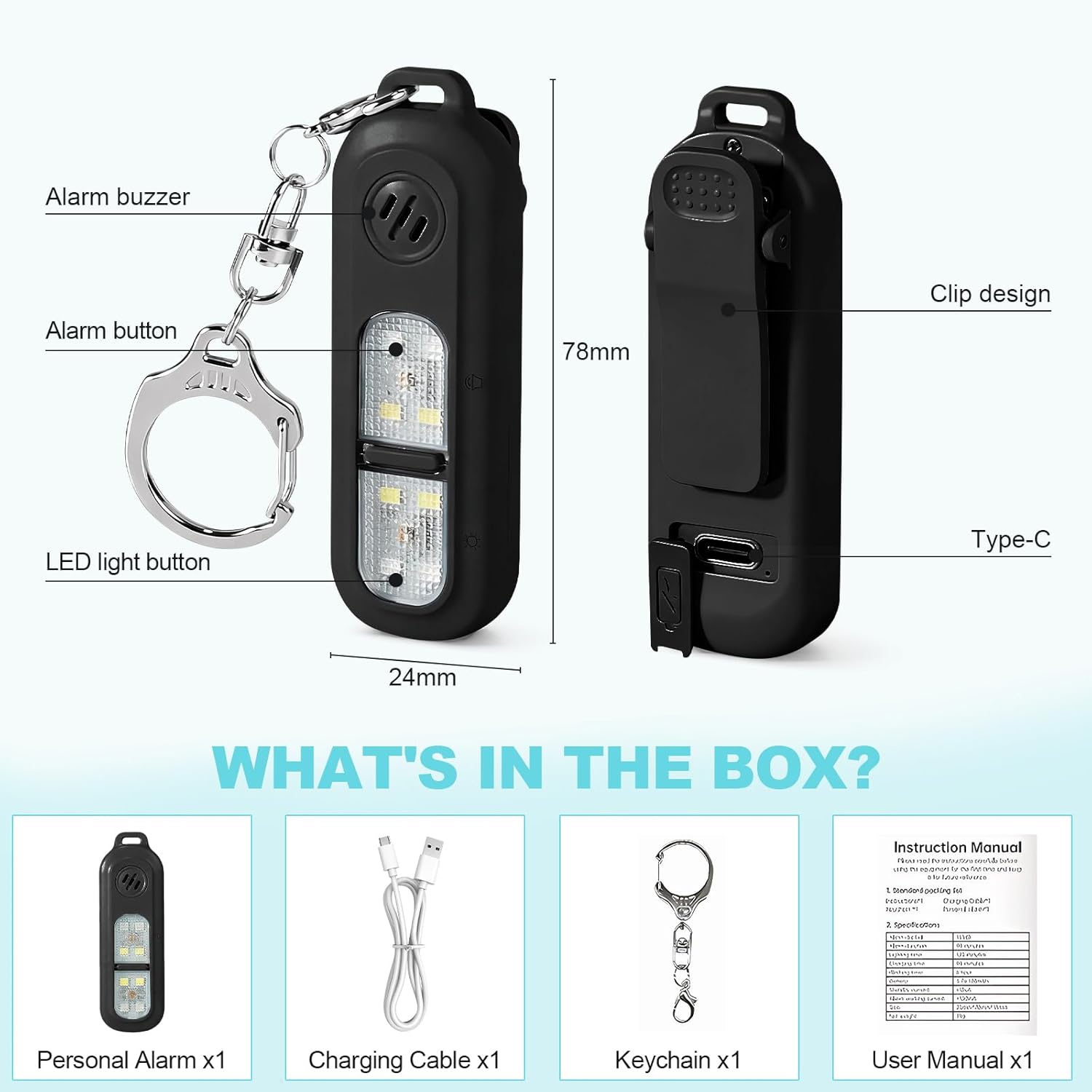Rechargeable Personal Safety Alarm for Women,130DB Self Defense Keychain Alarms with Strobe Light & LED Flashlight, Bear Alarm Deterrent, Clip-On Emergency Safety Siren for Night Runners Kid, Black
