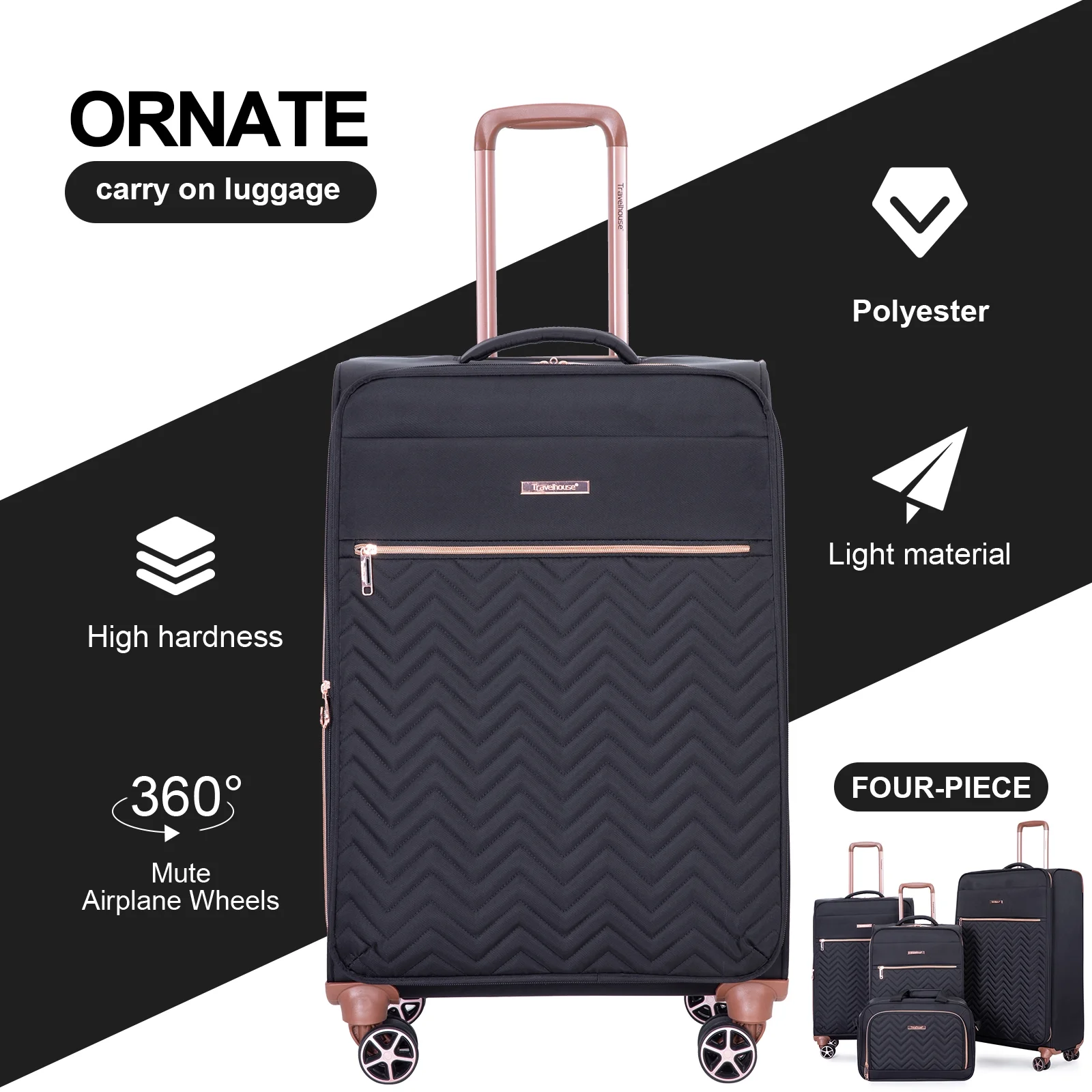 4 Piece Luggage Set Softside Expandable Lightweight Suitcase with Double Spinner Wheels.(Black)(Black/4) - Image 2