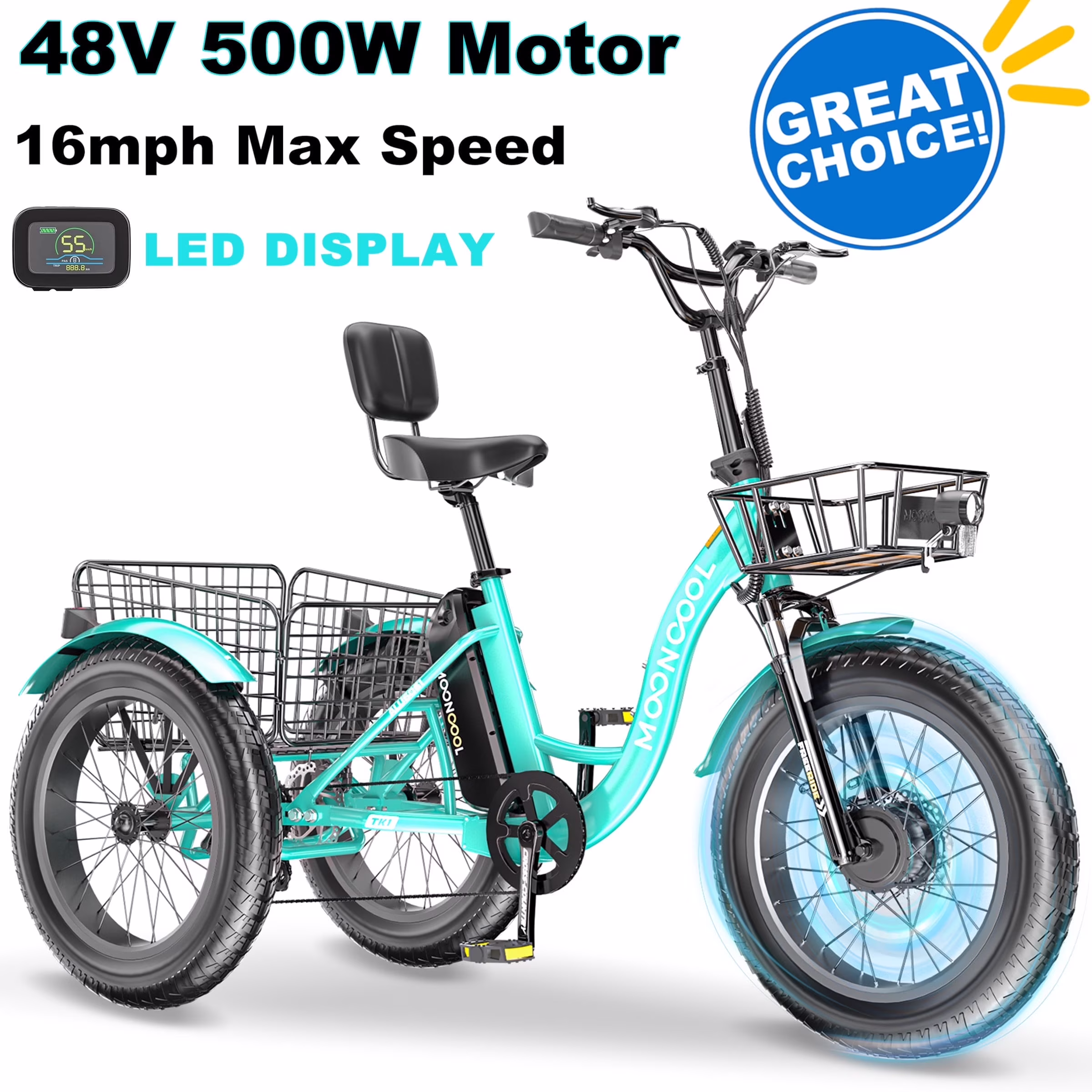 20" x 4" Fat Tire Electric Tricycle for Adult, 7 Speeds Electric Trike 48V 500W Motorized Tricycle, Electric Three Wheels Bicycle for Senior, Aluminum Frame Rear Basket,16mph(Blue) Image 3