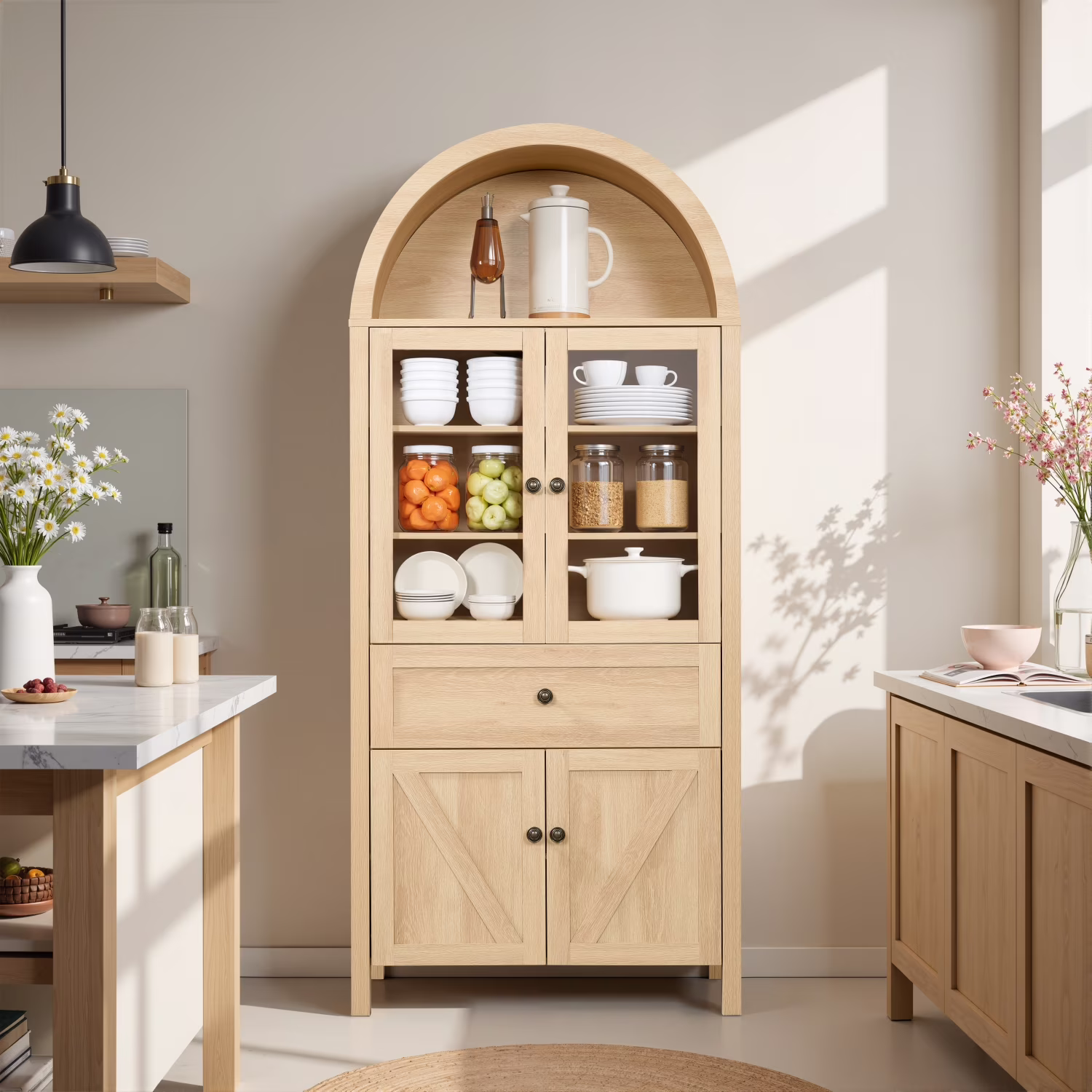 72" Arched Bookcase with Doors, Tall Dome Display Cabinet with Storage for Living Room or Home Office, Natural(Natural)